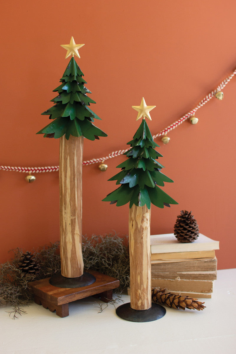 Kalalou Recycled Painted Metal Christmas Trees with Wood Bases Set/2