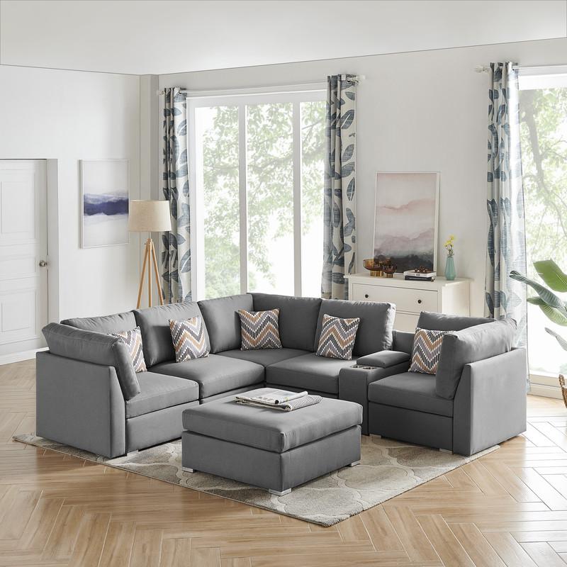 Amira Collection Fabric Reversible Sectional Sofa with USB Console and Ottoman in Gray