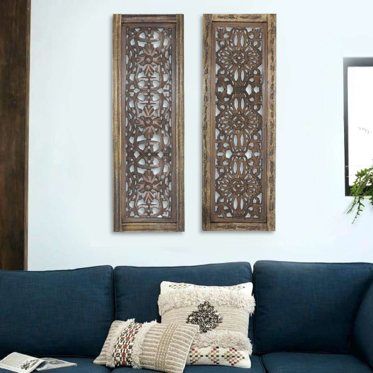 Benzara Floral Hand Carved Wooden Wall Panels Assortment Of Two