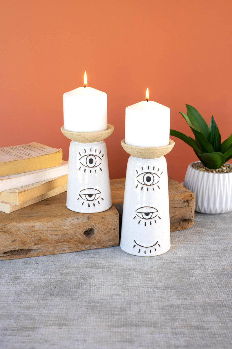 Set Of Two Ceramic Candle Holders With Eyes Detail By Kalalou