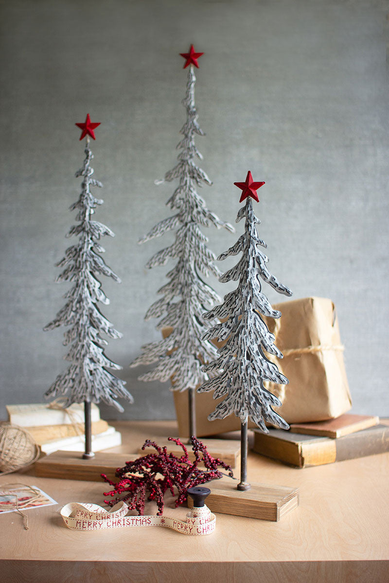 Metal Christmas Trees on Wooden Bases Set of Three