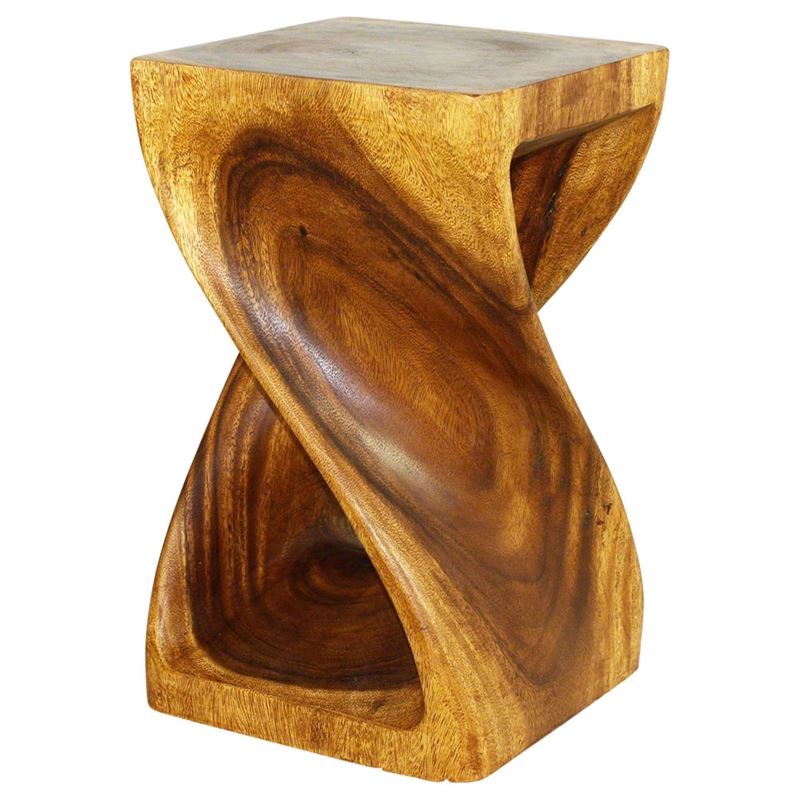 Acacia Wood Pillar Twist Stool 12 X 12 X 18 in Teak Oil, Side Table