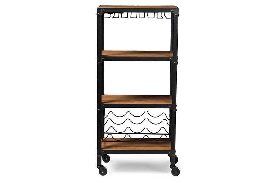 Swanson Rustic Industrial Style Antique Black & Metal Distressed Wood Mobile Kitchen Bar Wine Storage Shelf - Baxton Studio