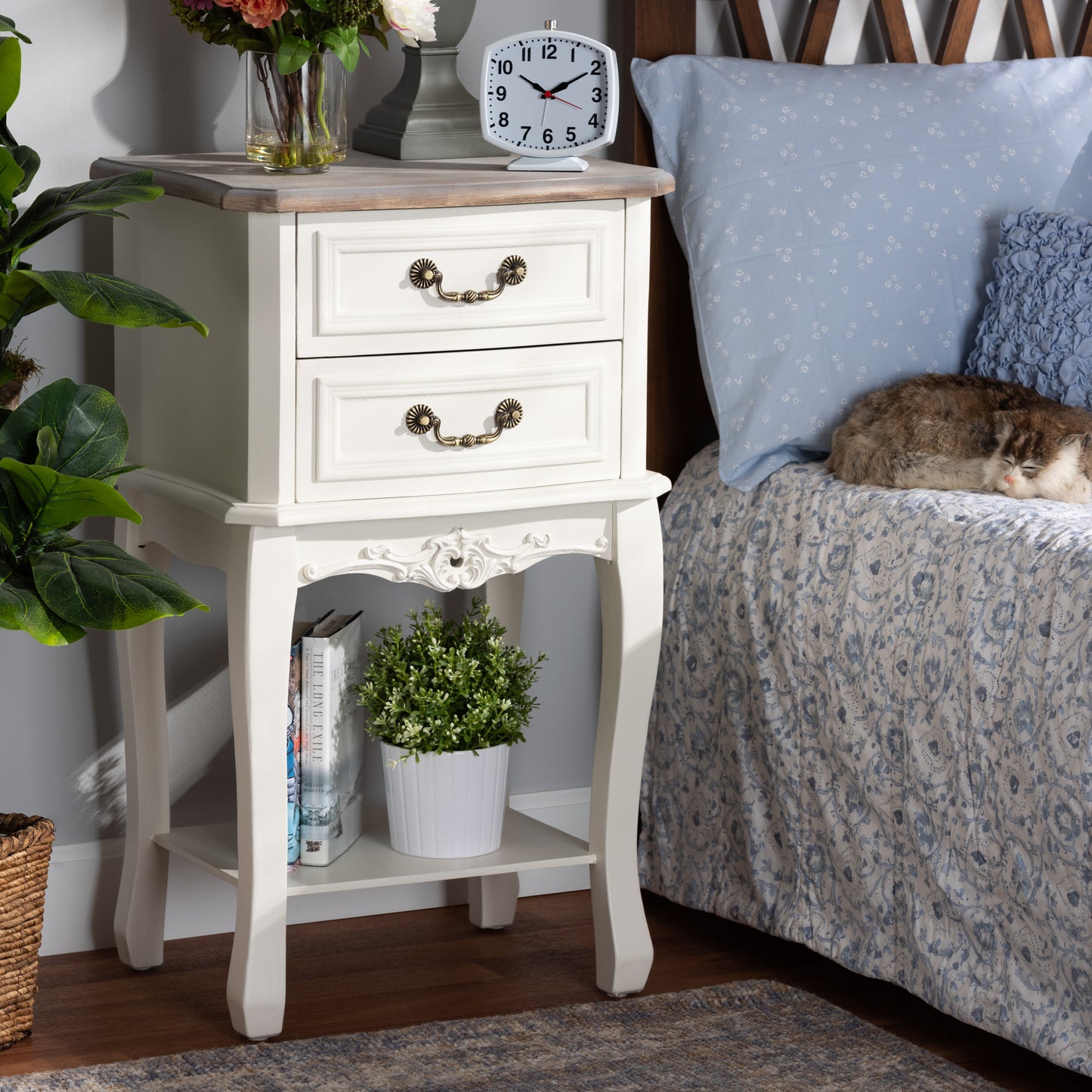 Baxton Studio Amalie Antique French Country Cottage Two-Tone White and Oak Finished 2-Drawer Wood End Table | Cabinets | Modishstore