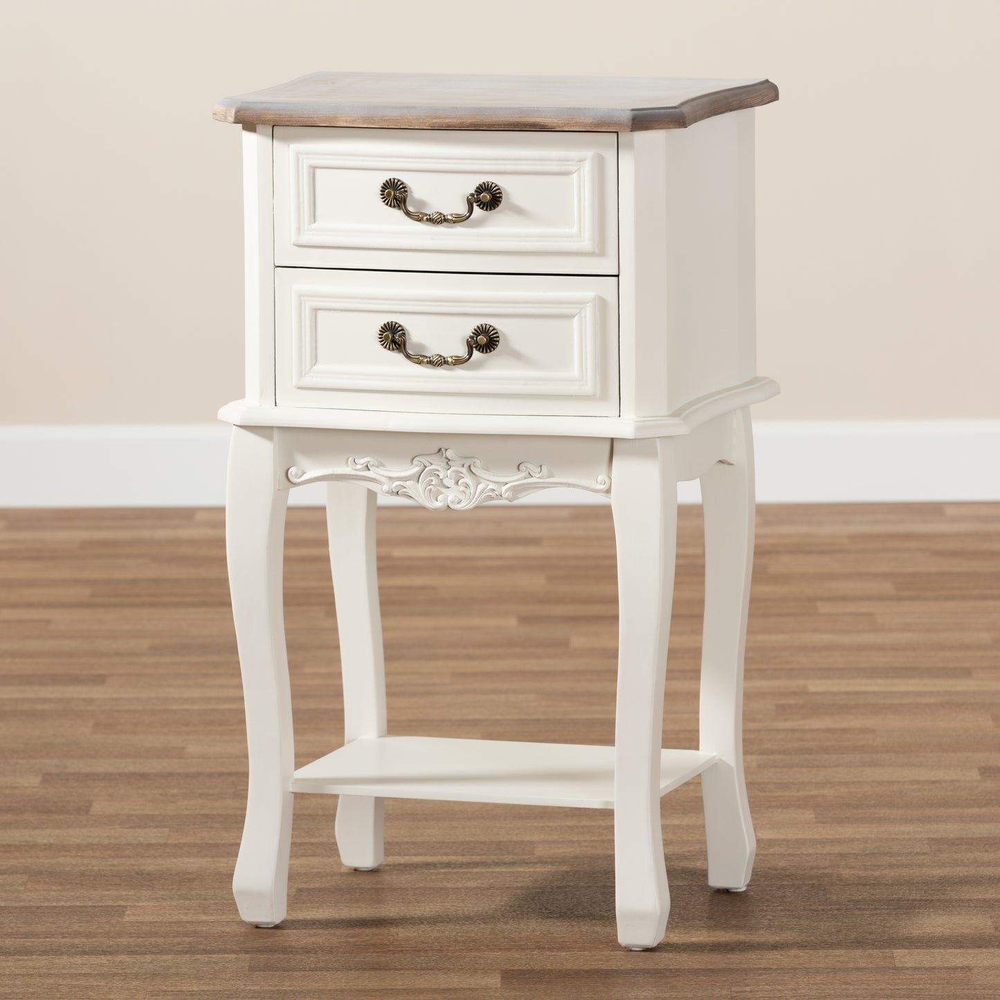 Baxton Studio Amalie Antique French Country Cottage Two-Tone White and Oak Finished 2-Drawer Wood End Table | Cabinets | Modishstore - 2