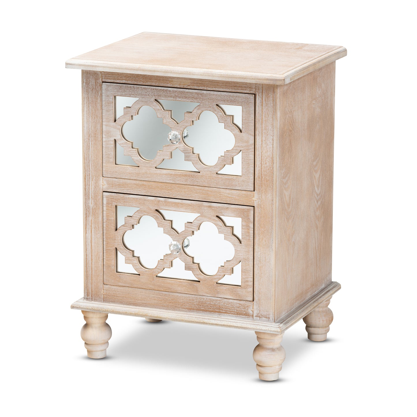 Baxton Studio Celia Transitional Rustic French Country White-Washed Wood and Mirror 2-Drawer Quatrefoil End Table | Cabinets | Modishstore - 4