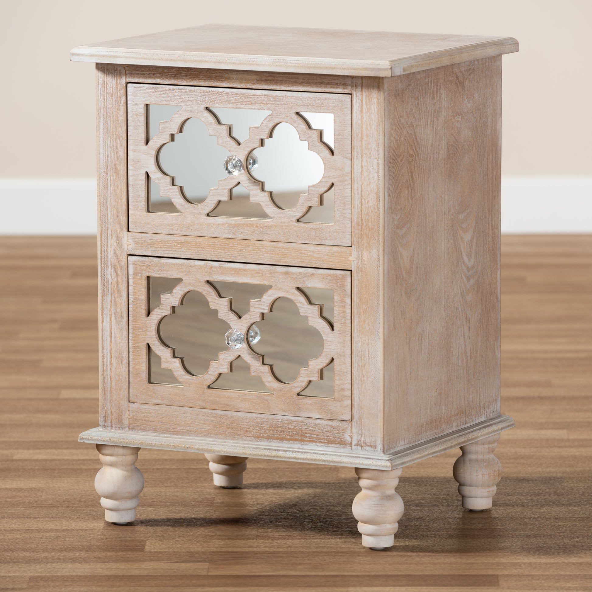 Baxton Studio Celia Transitional Rustic French Country White-Washed Wood and Mirror 2-Drawer Quatrefoil End Table | Cabinets | Modishstore - 2