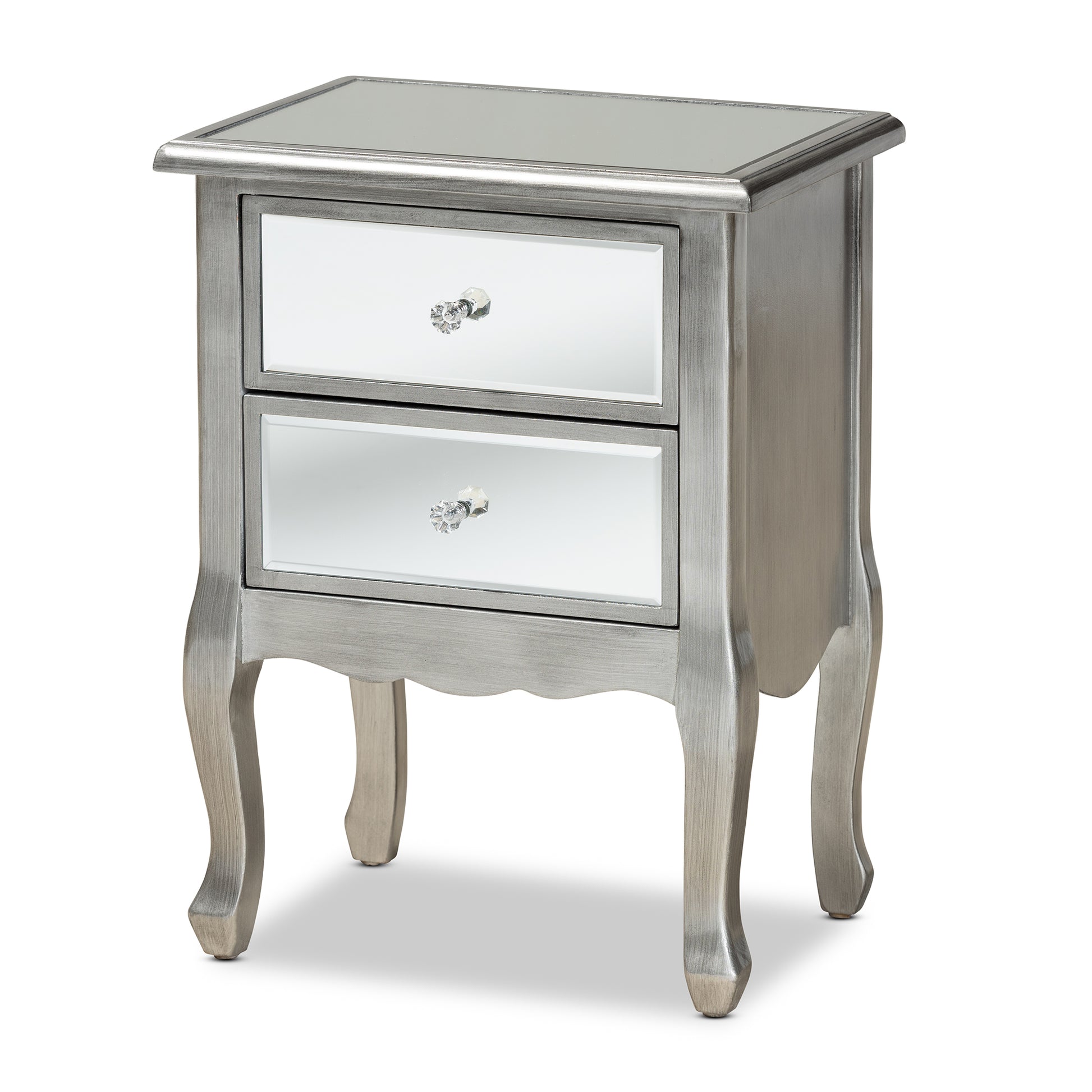 Baxton Studio Leonie Modern Transitional French Brushed Silver Finished Wood and Mirrored Glass 2-Drawer End Table | Cabinets | Modishstore - 4