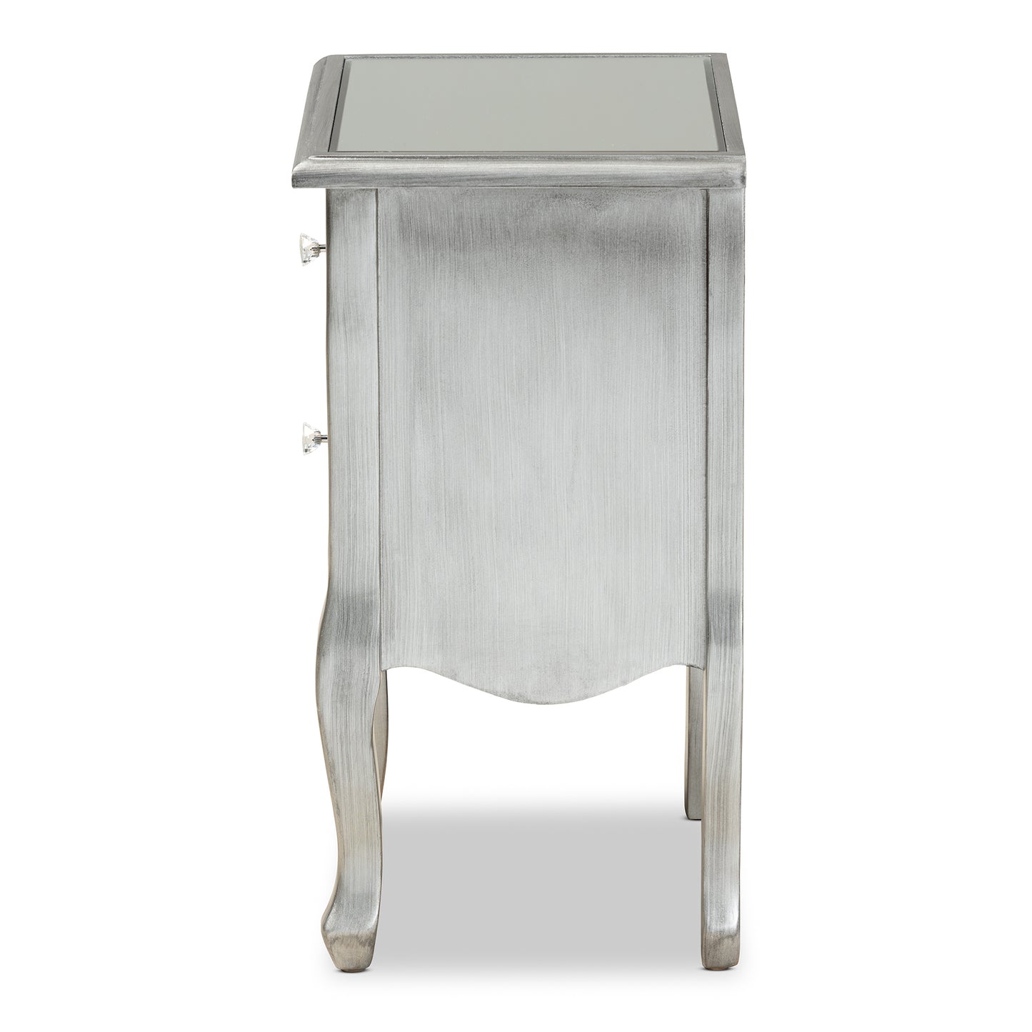 Baxton Studio Leonie Modern Transitional French Brushed Silver Finished Wood and Mirrored Glass 2-Drawer End Table | Cabinets | Modishstore - 7