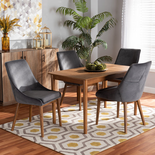 Baxton Studio Gilmore Modern and Contemporary Grey Velvet Fabric Upholstered and Walnut Brown Finished Wood 5-Piece Dining Set | Dining Sets | Modishstore