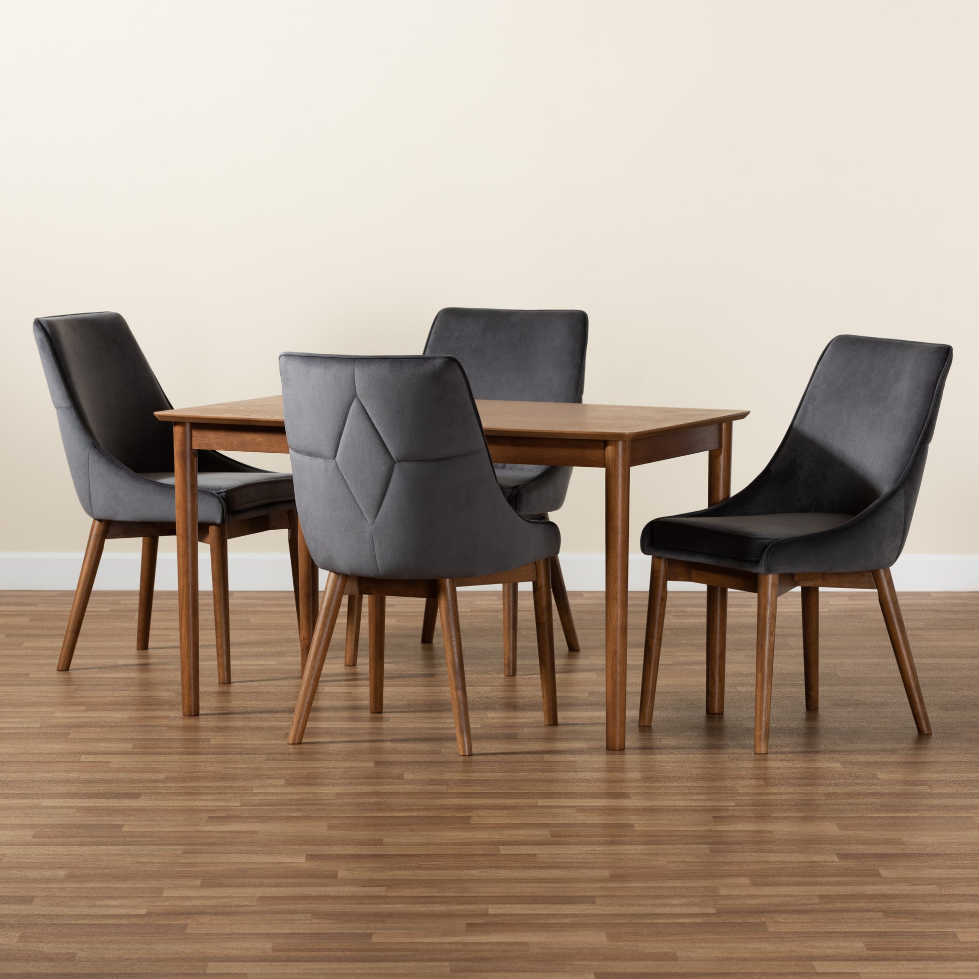 Baxton Studio Gilmore Modern and Contemporary Grey Velvet Fabric Upholstered and Walnut Brown Finished Wood 5-Piece Dining Set | Dining Sets | Modishstore - 9