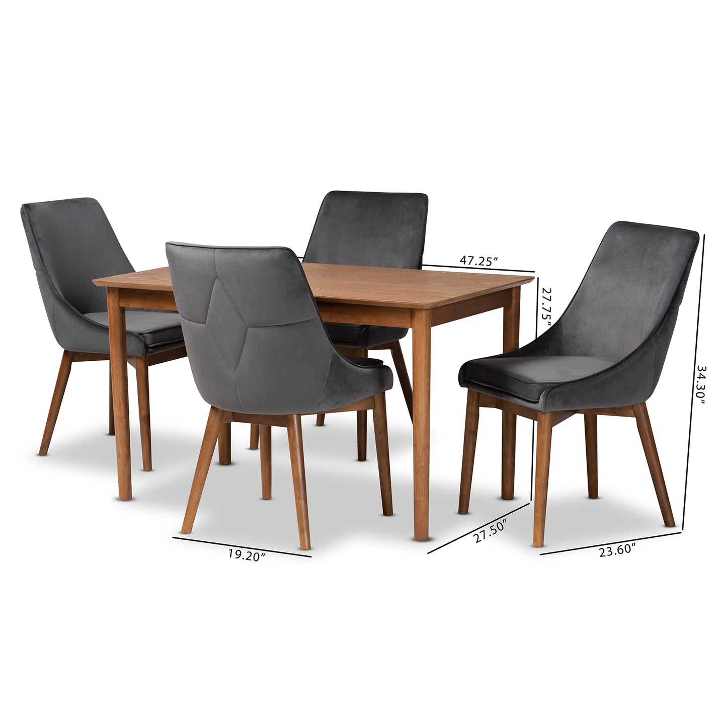 Baxton Studio Gilmore Modern and Contemporary Grey Velvet Fabric Upholstered and Walnut Brown Finished Wood 5-Piece Dining Set | Dining Sets | Modishstore - 8