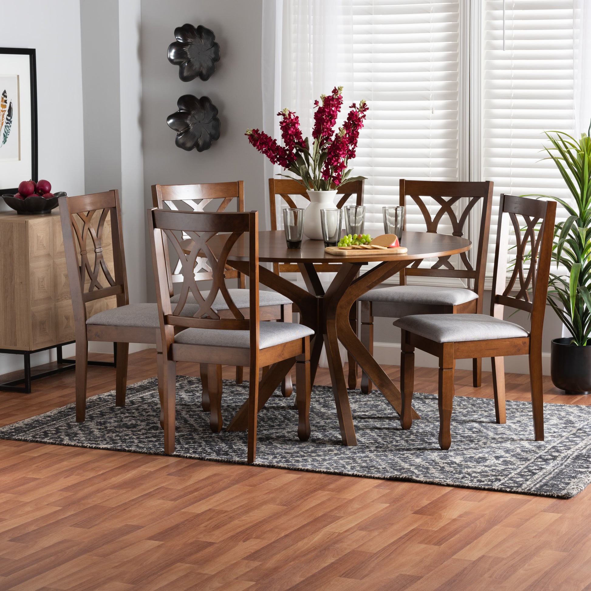 Baxton Studio Maya Modern Grey Fabric and Walnut Brown Finished Wood 7-Piece Dining Set | Dining Sets | Modishstore