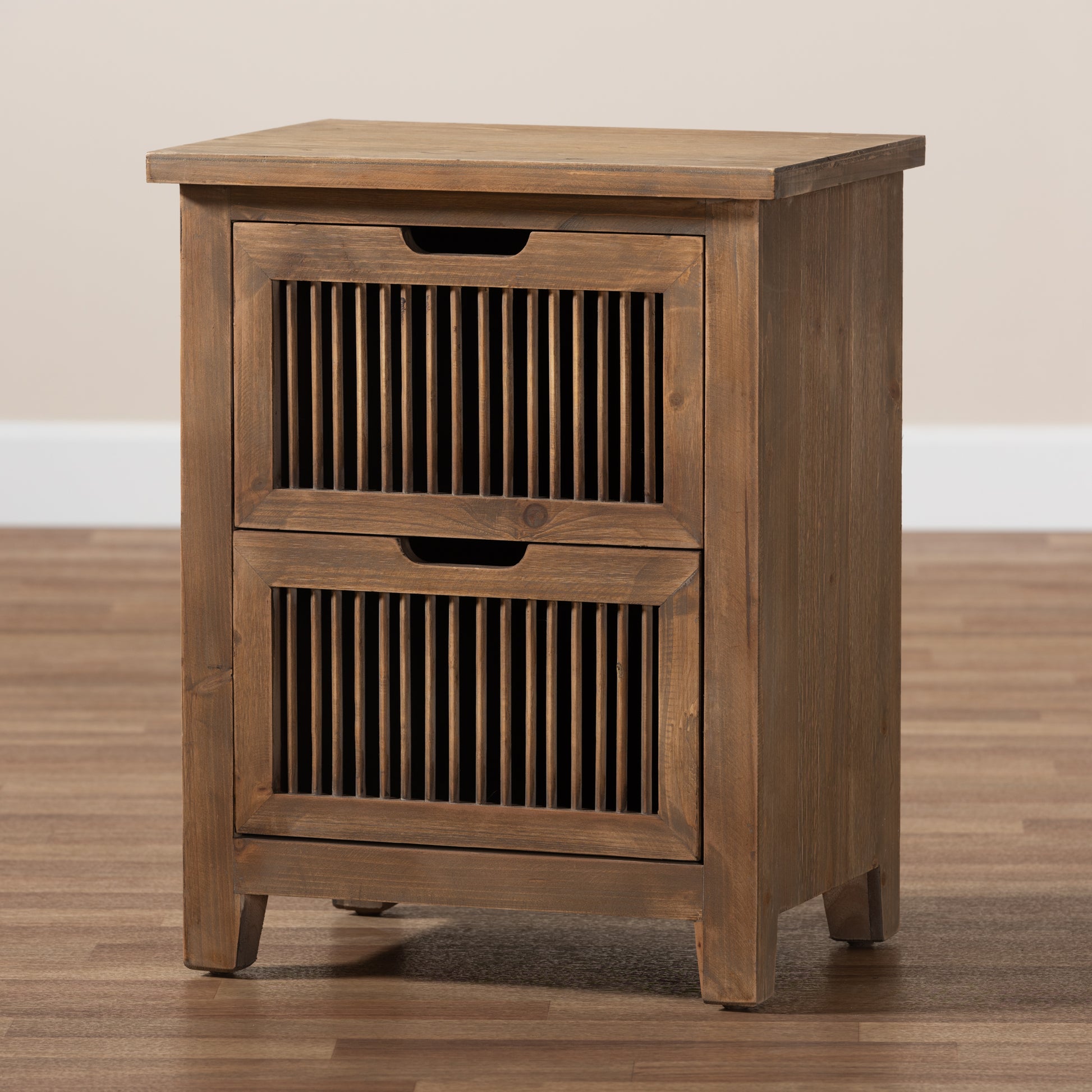 Baxton Studio Clement Rustic Transitional Medium Oak Finished 2-Drawer Wood Spindle End Table | Cabinets | Modishstore - 2