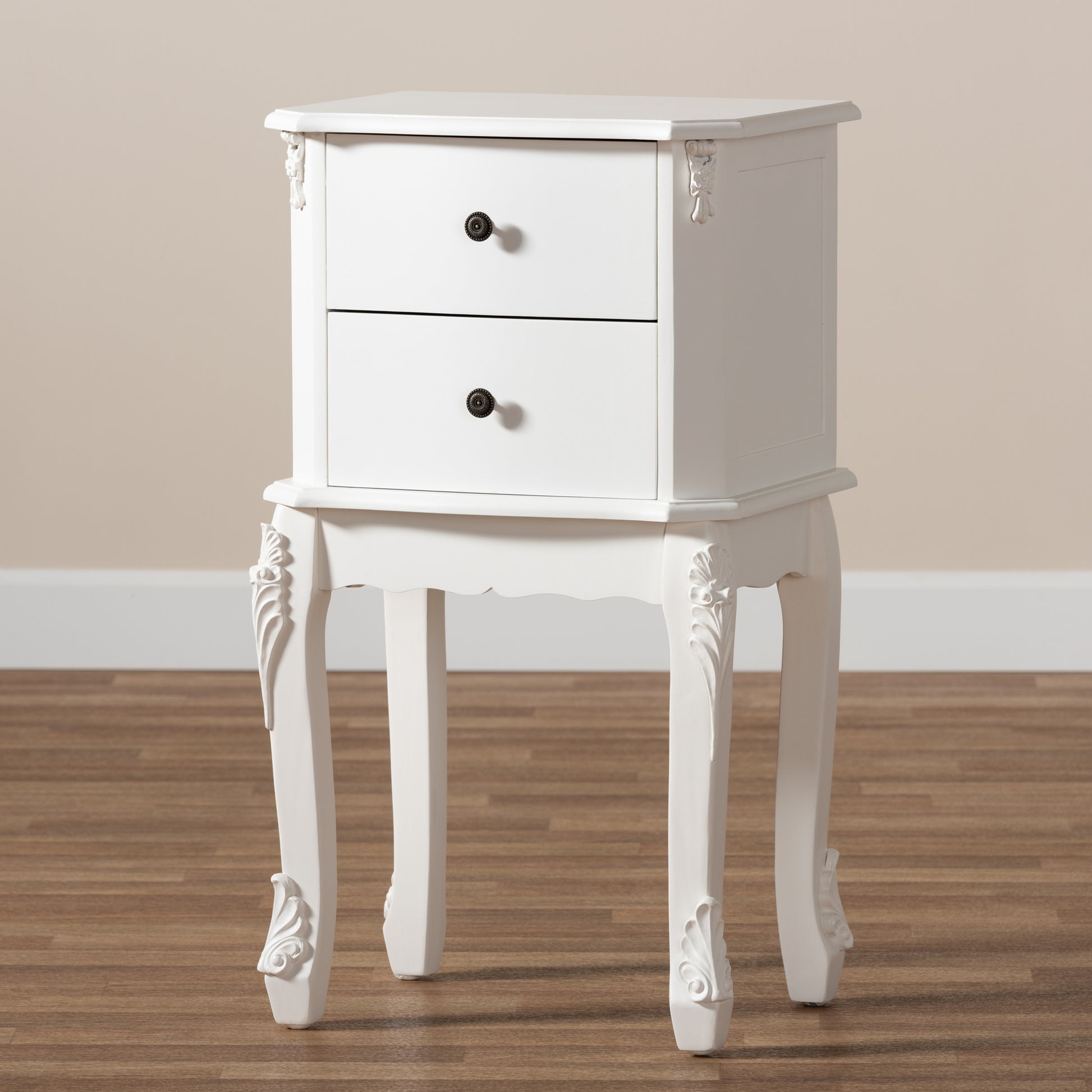 Baxton Studio Sophia Classic and Traditional French White Finished Wood 2-Drawer End Table | Cabinets | Modishstore - 2