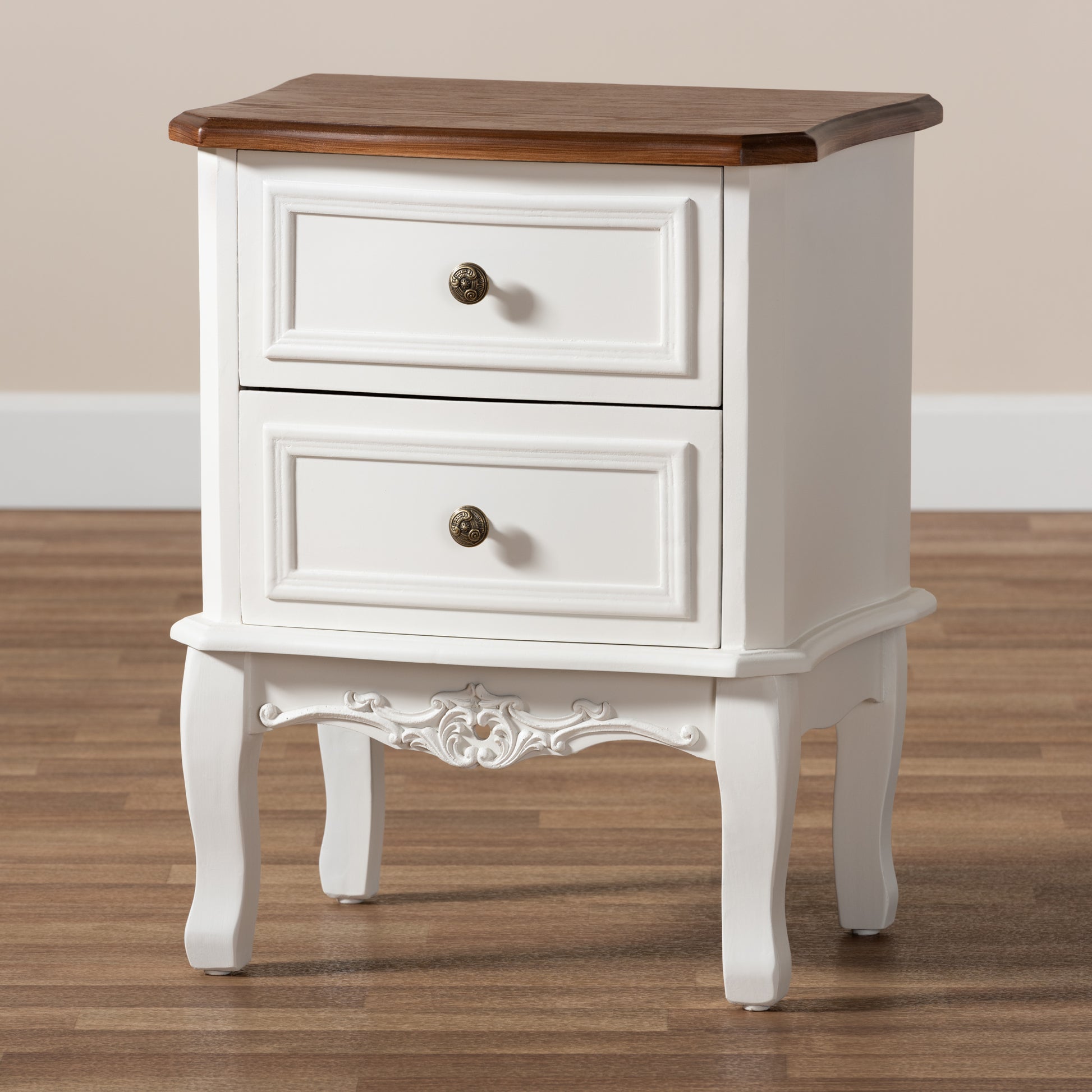 Baxton Studio Darlene Classic and Traditional French White and Cherry Brown Finished Wood 2-Drawer End Table | Cabinets | Modishstore - 8