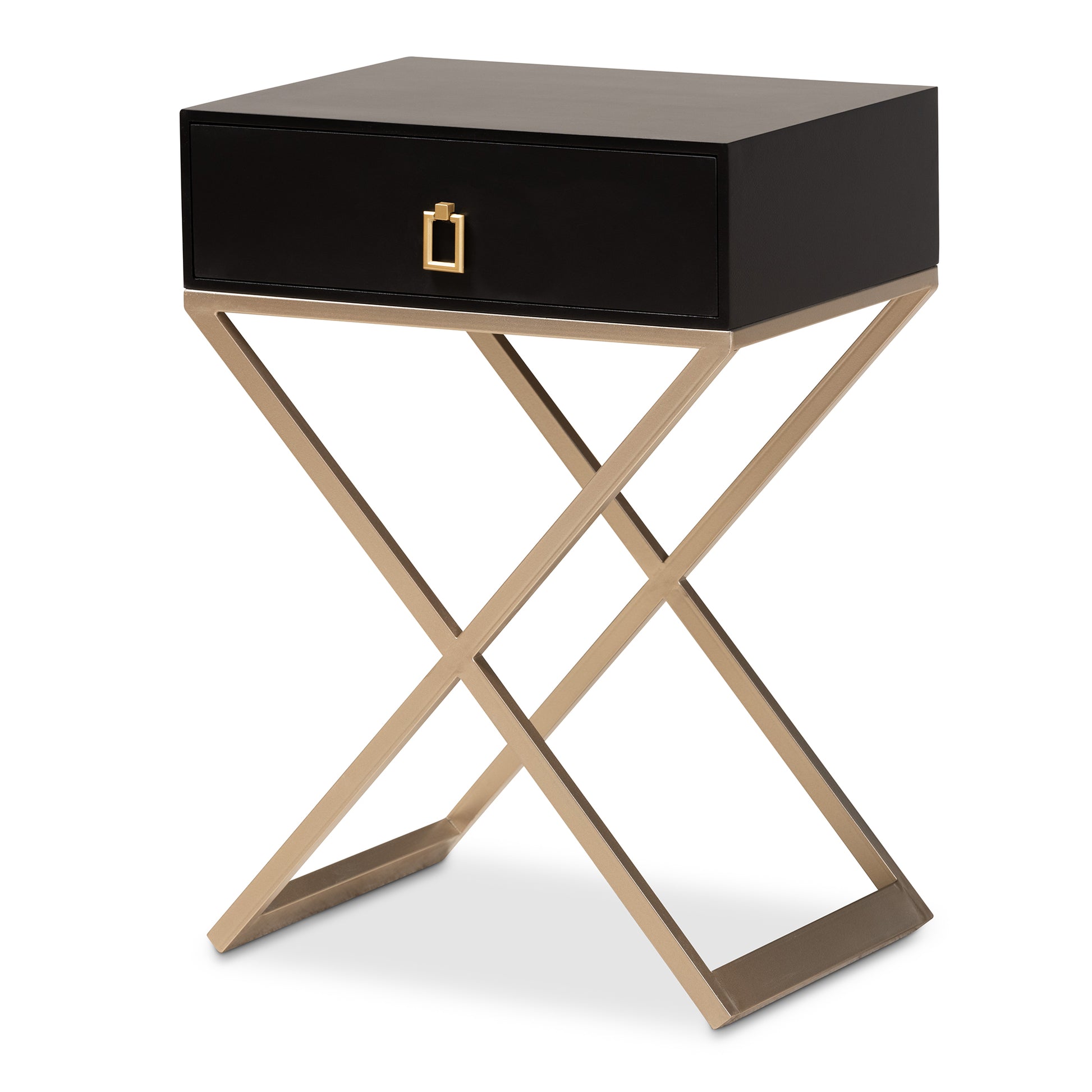 Baxton Studio Patricia Modern and Contemporary Black Finished Wood and Powder Coated Brass Effect Metal 1-Drawer End Table | Cabinets | Modishstore - 4