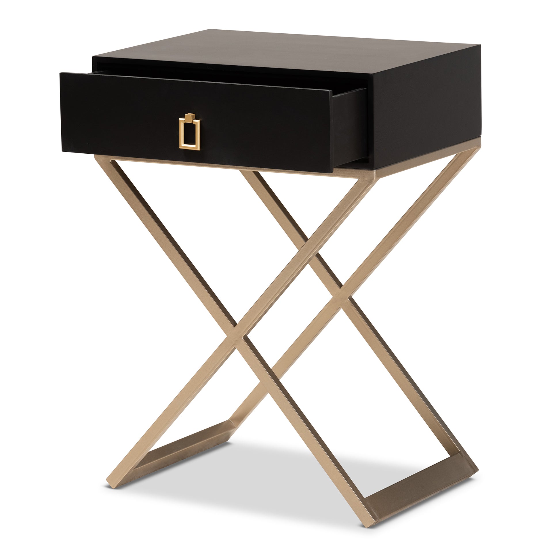 Baxton Studio Patricia Modern and Contemporary Black Finished Wood and Powder Coated Brass Effect Metal 1-Drawer End Table | Cabinets | Modishstore - 5