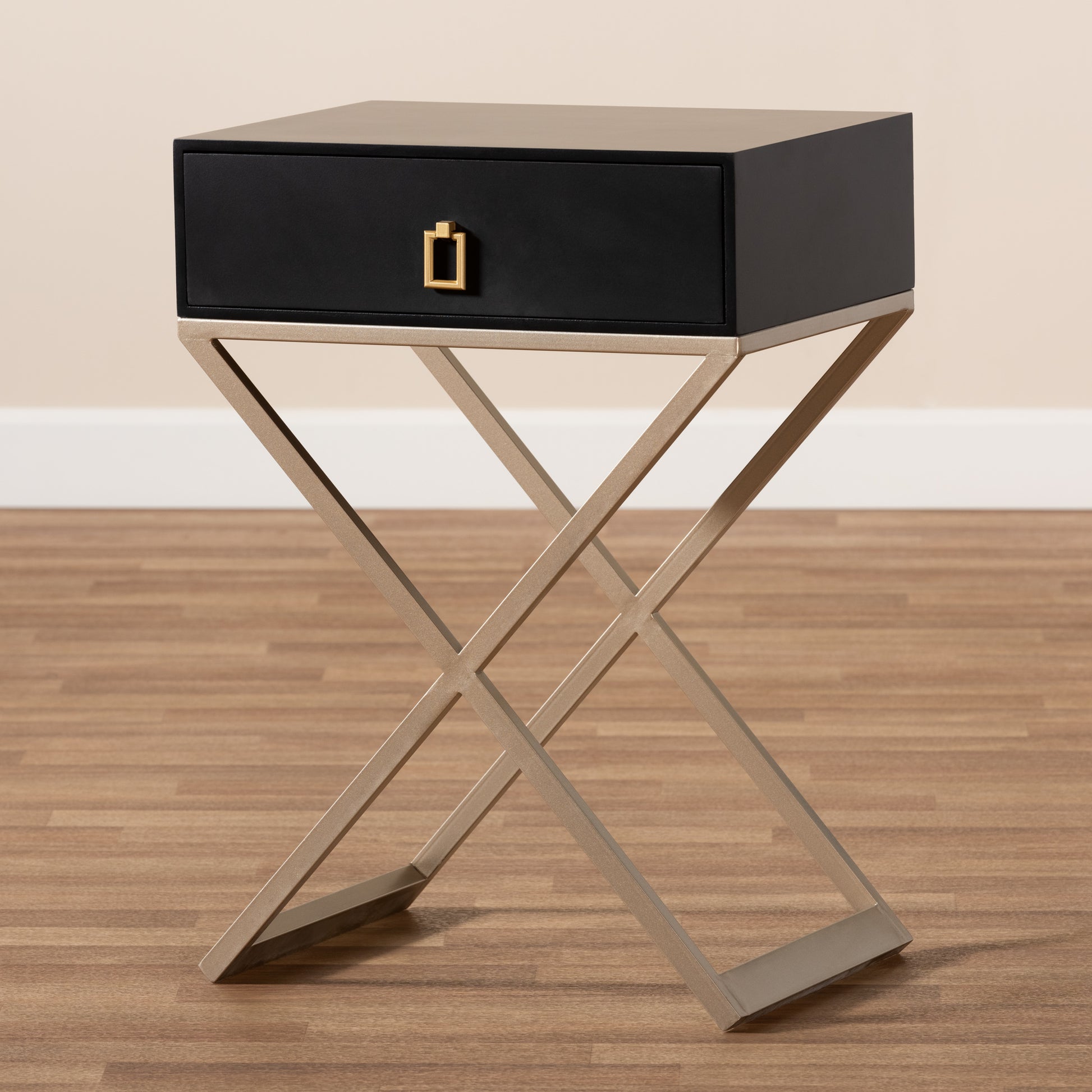 Baxton Studio Patricia Modern and Contemporary Black Finished Wood and Powder Coated Brass Effect Metal 1-Drawer End Table | Cabinets | Modishstore - 2