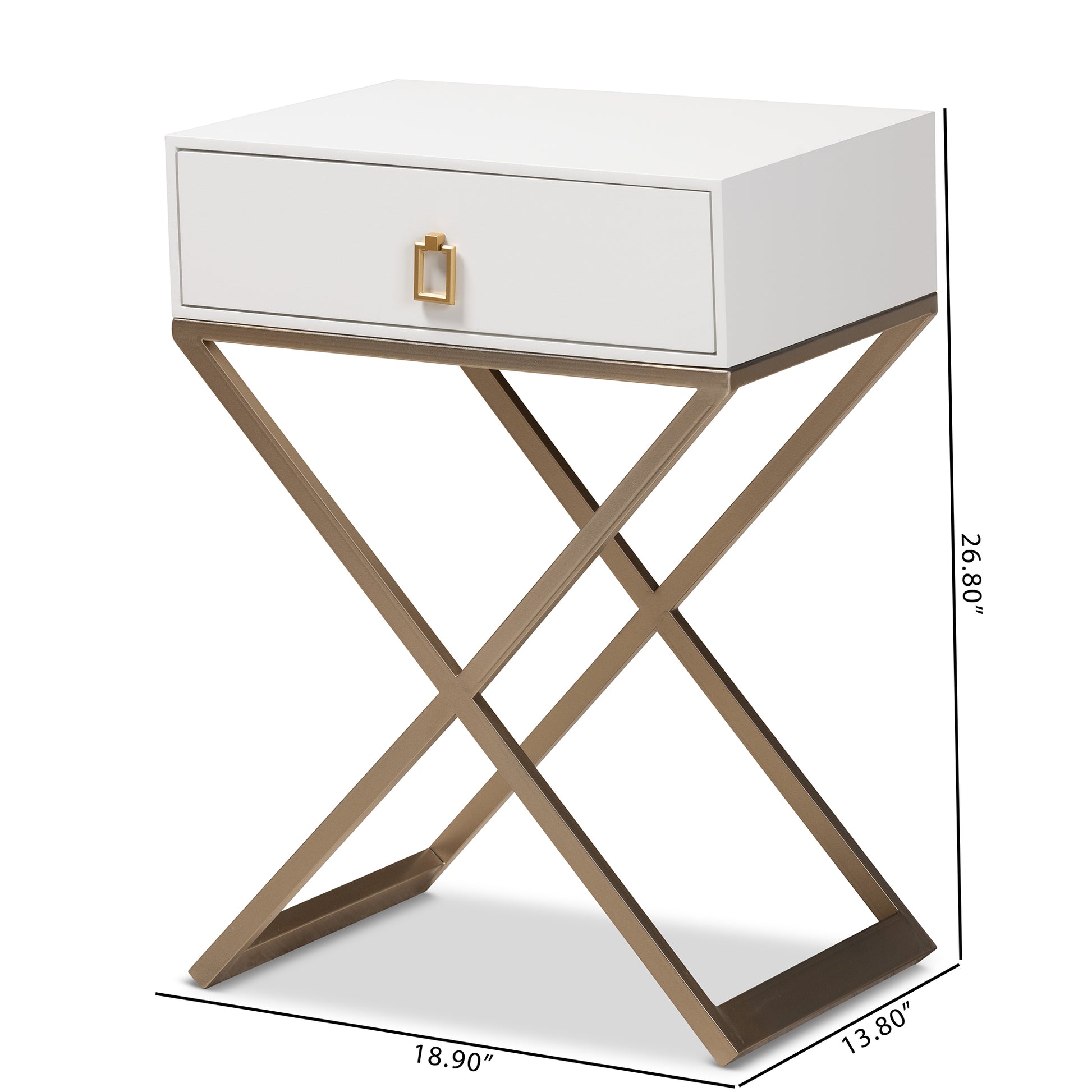 Baxton Studio Patricia Modern and Contemporary White Finished Wood and Powder Coated Brass Effect Metal 1-Drawer End Table | Cabinets | Modishstore - 3