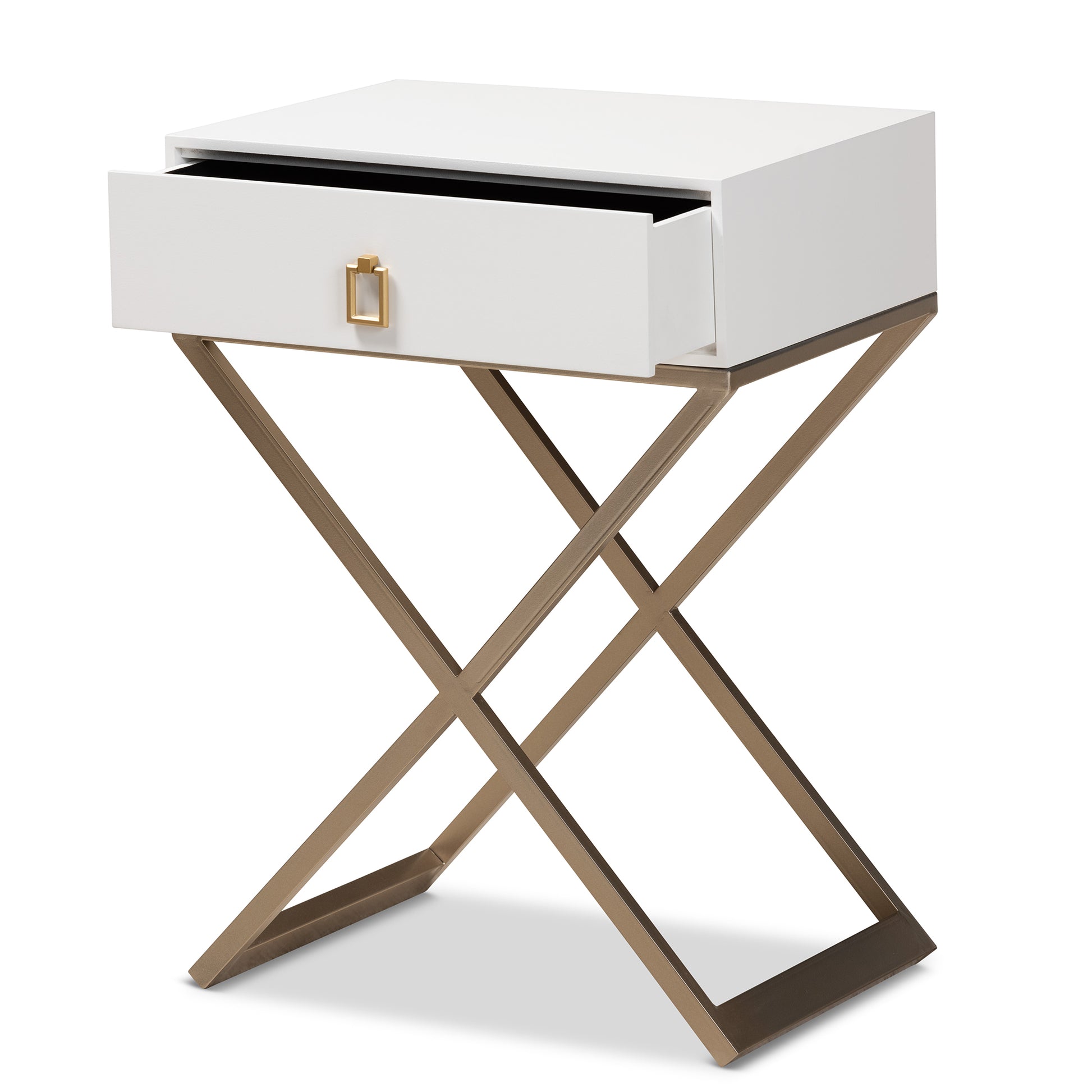 Baxton Studio Patricia Modern and Contemporary White Finished Wood and Powder Coated Brass Effect Metal 1-Drawer End Table | Cabinets | Modishstore - 5