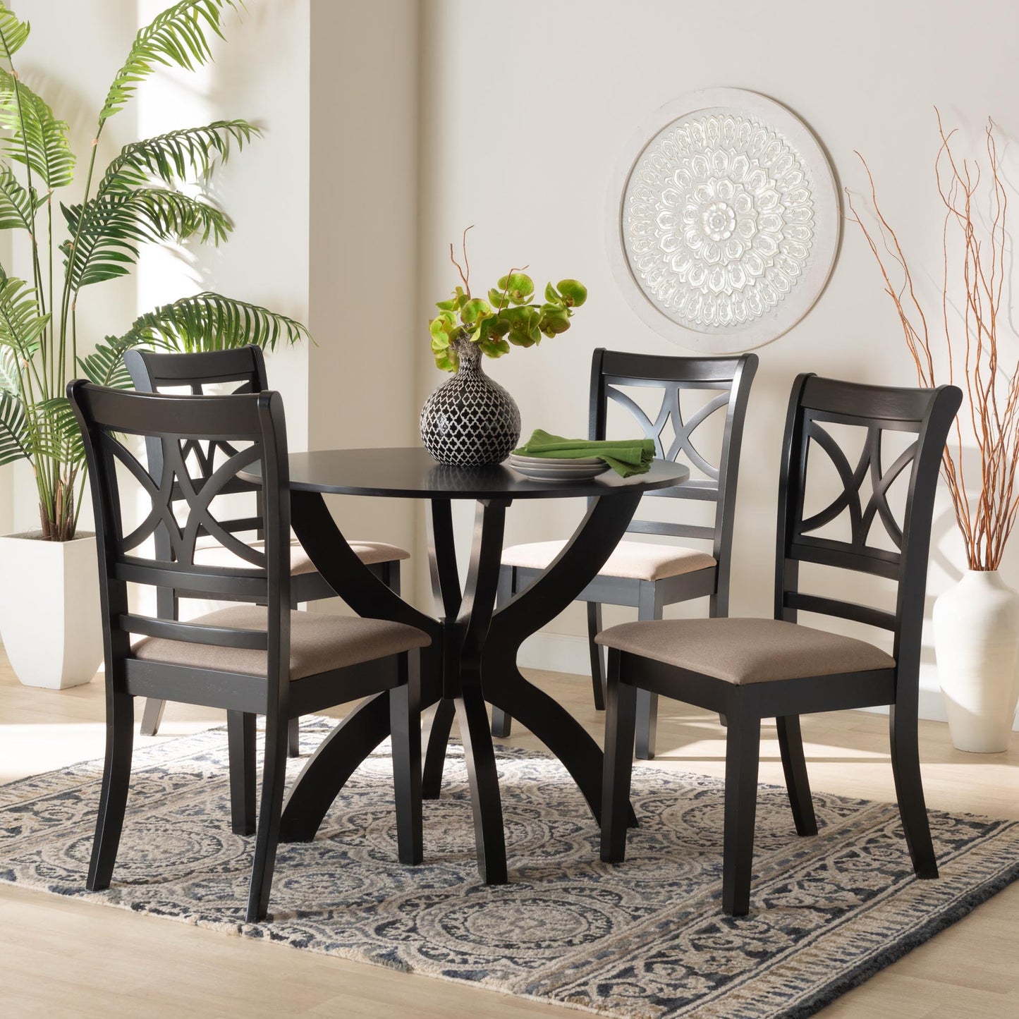 Baxton Studio Noemi Modern Beige Fabric and Dark Brown Finished Wood 5-Piece Dining Set | Dining Sets | Modishstore