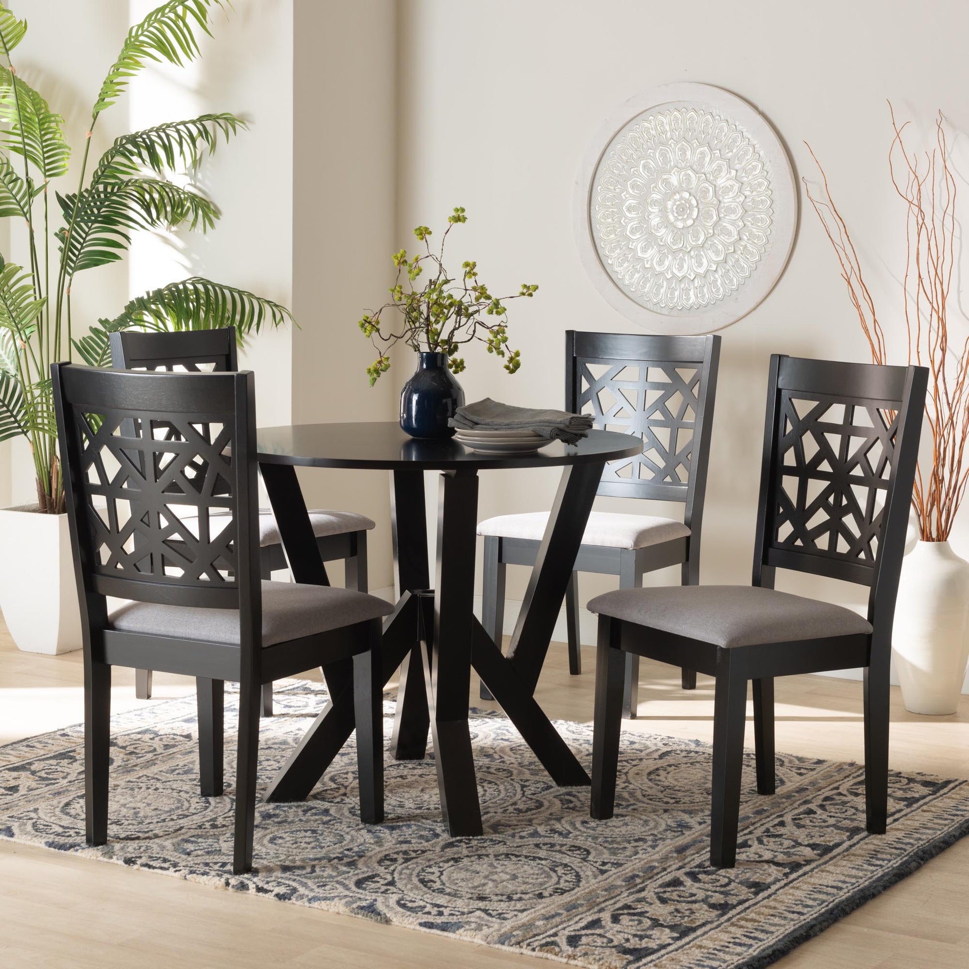 Baxton Studio Felice Modern Grey Fabric and Dark Brown Finished Wood 5-Piece Dining Set | Dining Sets | Modishstore