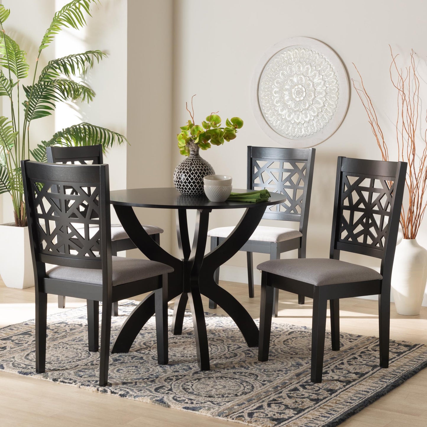 Baxton Studio Lena Modern Grey Fabric and Dark Brown Finished Wood 5-Piece Dining Set | Dining Sets | Modishstore