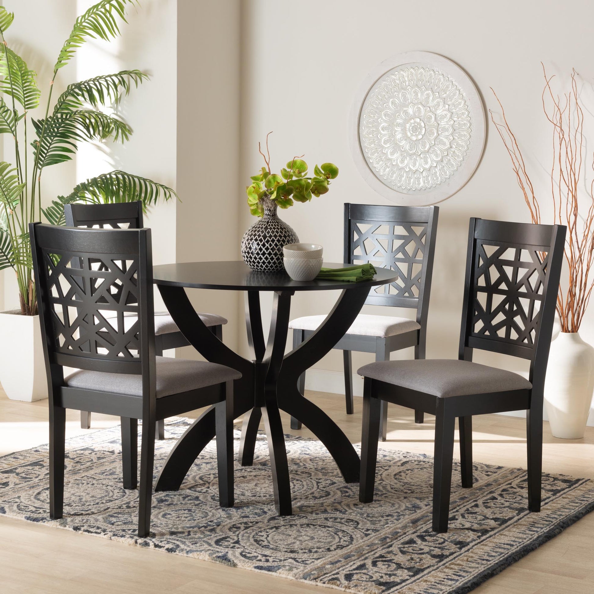 Baxton Studio Lena Modern Grey Fabric and Dark Brown Finished Wood 5-Piece Dining Set | Dining Sets | Modishstore