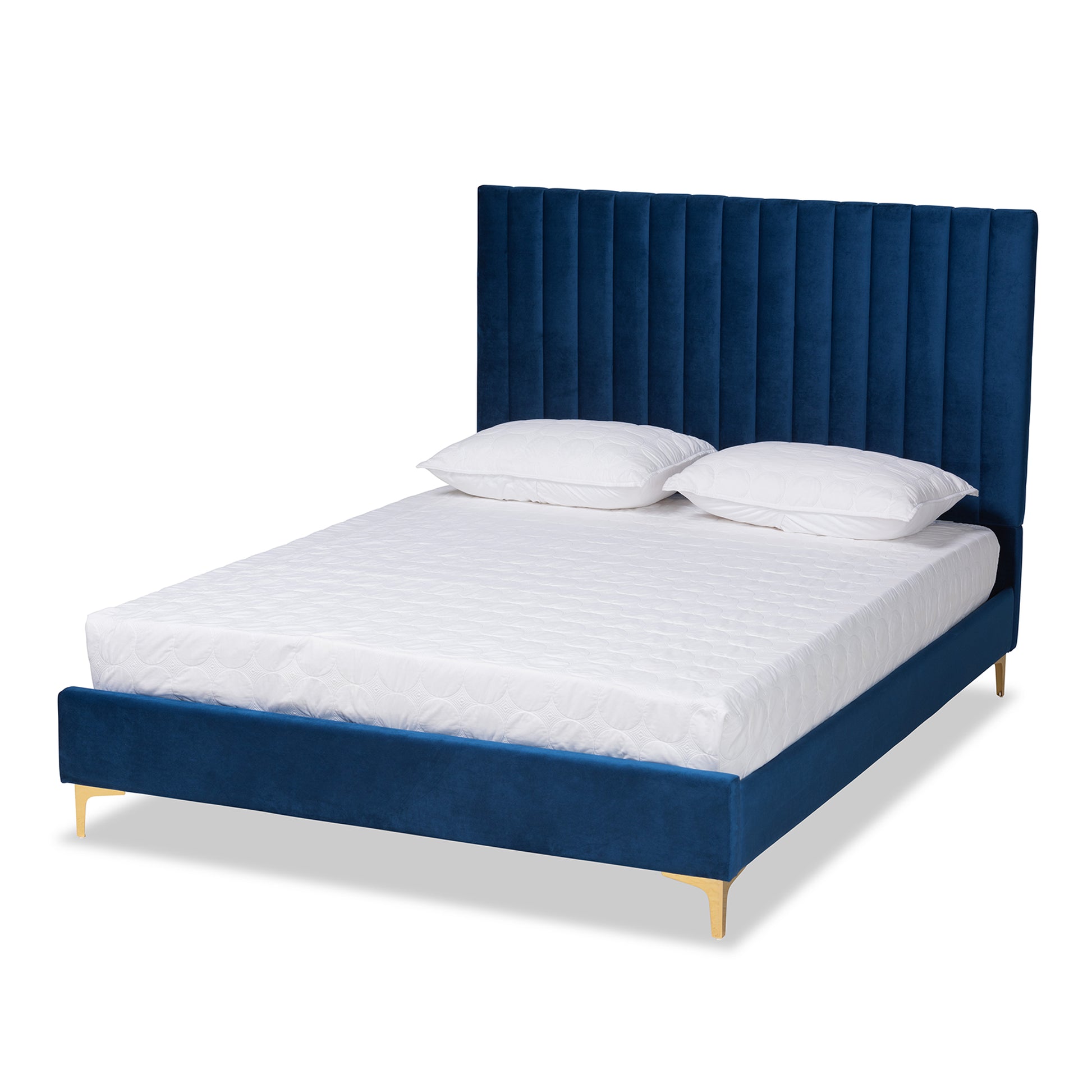 Baxton Studio Serrano Contemporary Glam and Luxe Navy Blue Velvet Fabric Upholstered and Gold Metal Queen Size Platform Bed | Beds | Modishstore - 2