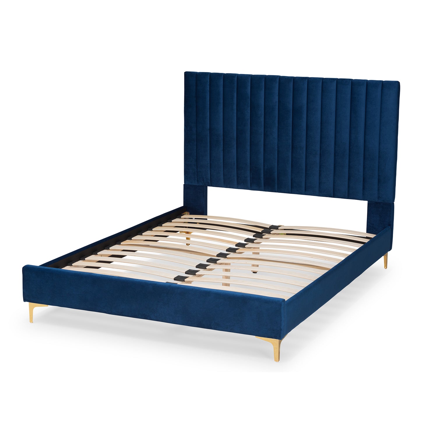 Baxton Studio Serrano Contemporary Glam and Luxe Navy Blue Velvet Fabric Upholstered and Gold Metal Full Size Platform Bed | Beds | Modishstore - 4