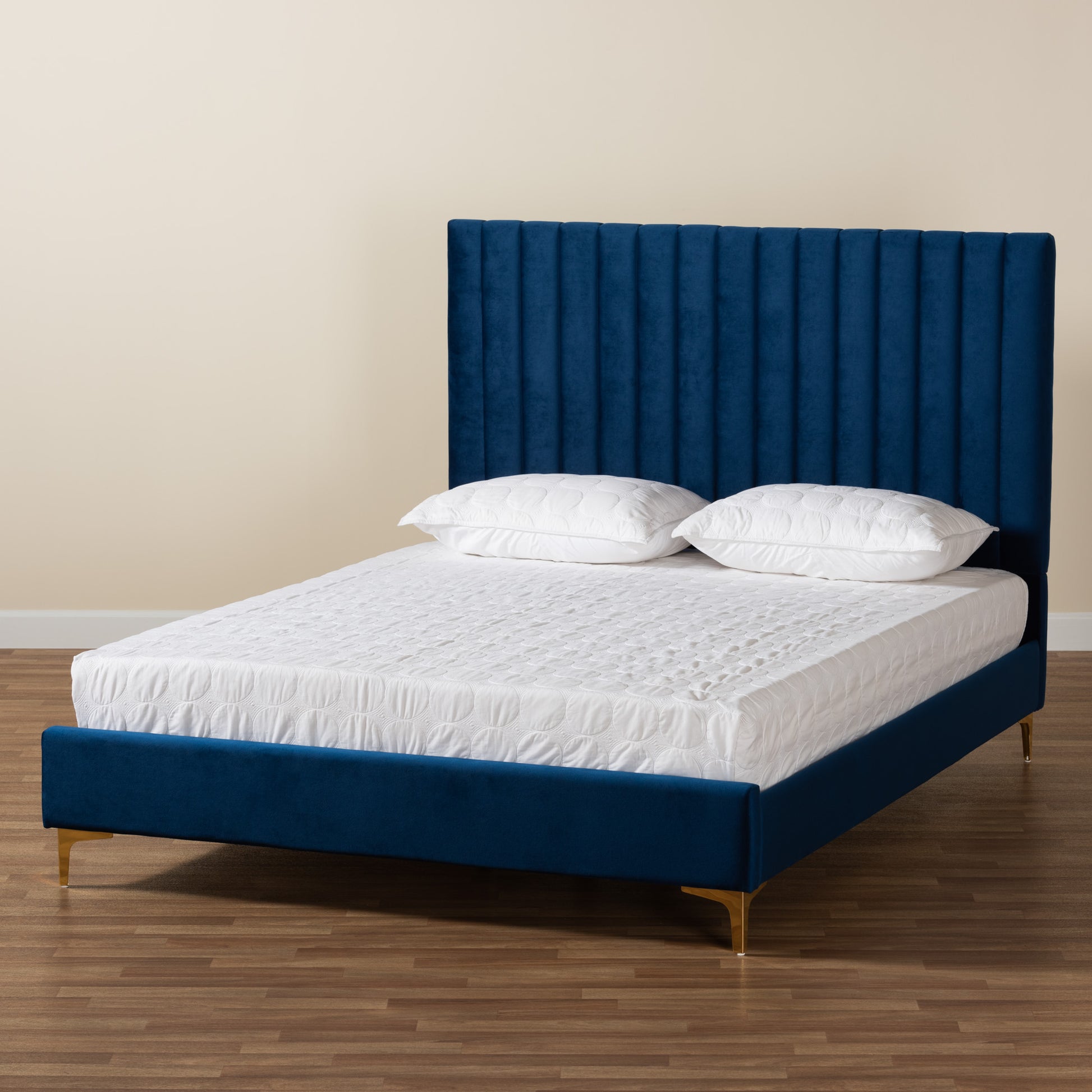 Baxton Studio Serrano Contemporary Glam and Luxe Navy Blue Velvet Fabric Upholstered and Gold Metal Queen Size Platform Bed | Beds | Modishstore - 10