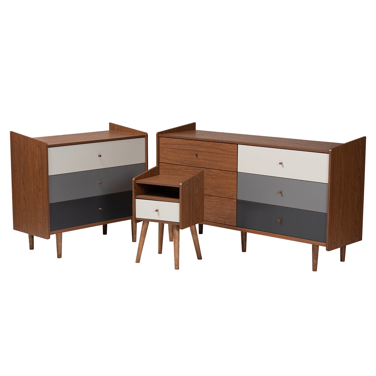 Baxton Studio Halden Mid-Century Modern Multicolor Walnut Brown and Grey Gradient Finished Wood 3-Piece Storage Set | Bedroom Sets | Modishstore - 4