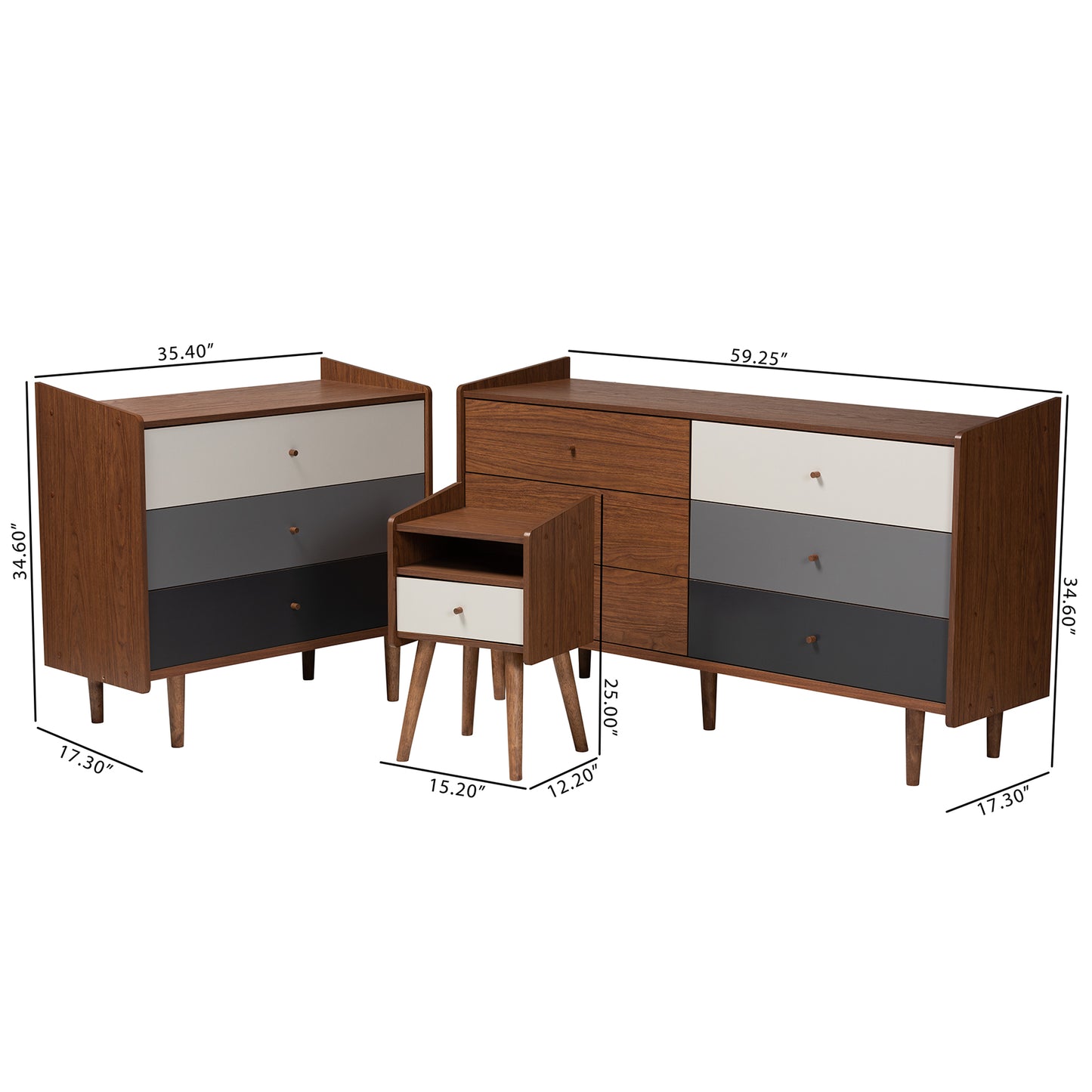 Baxton Studio Halden Mid-Century Modern Multicolor Walnut Brown and Grey Gradient Finished Wood 3-Piece Storage Set | Bedroom Sets | Modishstore - 3