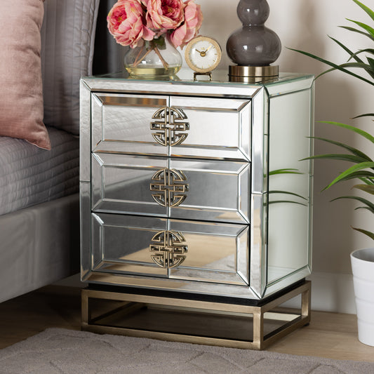 Baxton Studio Laken Contemporary Glam and Luxe Mirrored and Antique Bronze Finished 3-Drawer End Table | Cabinets | Modishstore