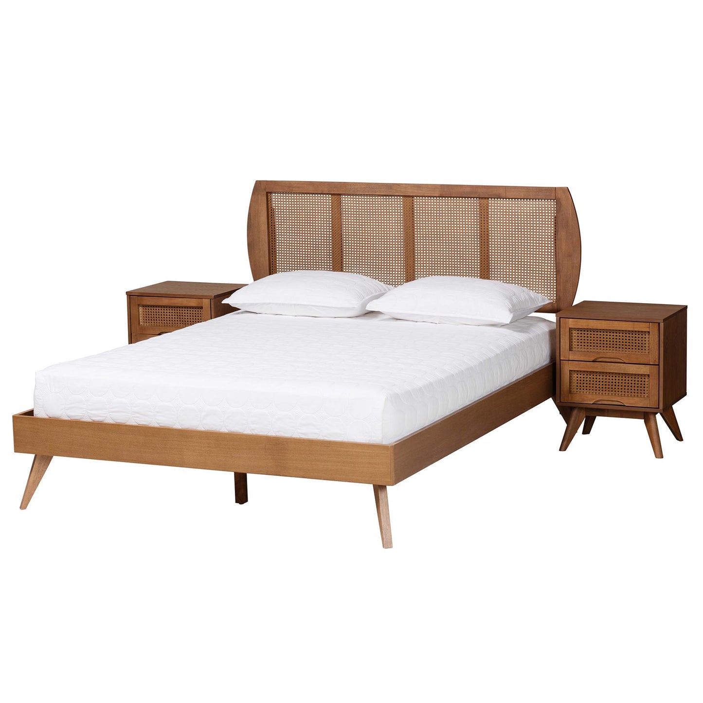 Baxton Studio Asami Mid-Century Modern Walnut Brown Finished Wood and Woven Rattan Full Size 3-Piece Bedroom Set | Bedroom Sets | Modishstore - 5