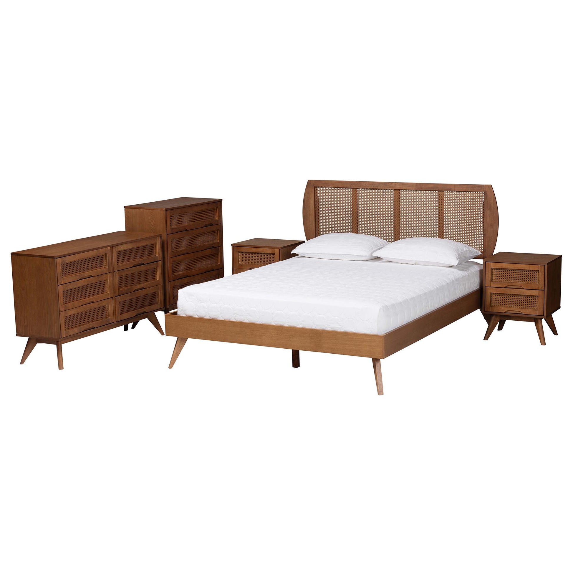 Baxton Studio Asami Mid-Century Modern Walnut Brown Finished Wood and Woven Rattan King Size 5-Piece Bedroom Set | Bedroom Sets | Modishstore - 6