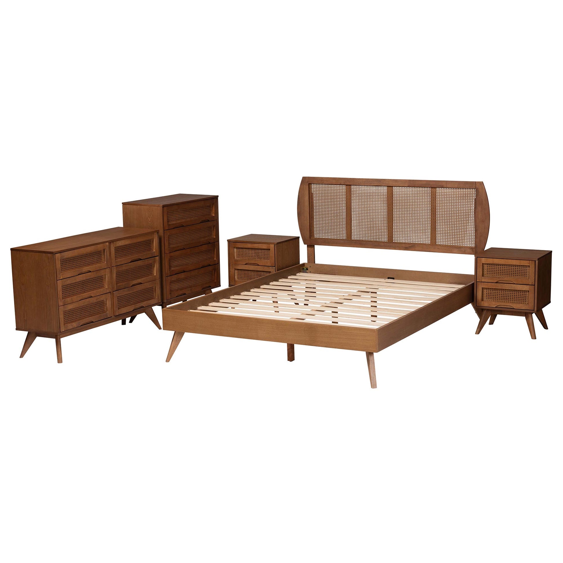 Baxton Studio Asami Mid-Century Modern Walnut Brown Finished Wood and Woven Rattan Full Size 5-Piece Bedroom Set | Bedroom Sets | Modishstore - 7