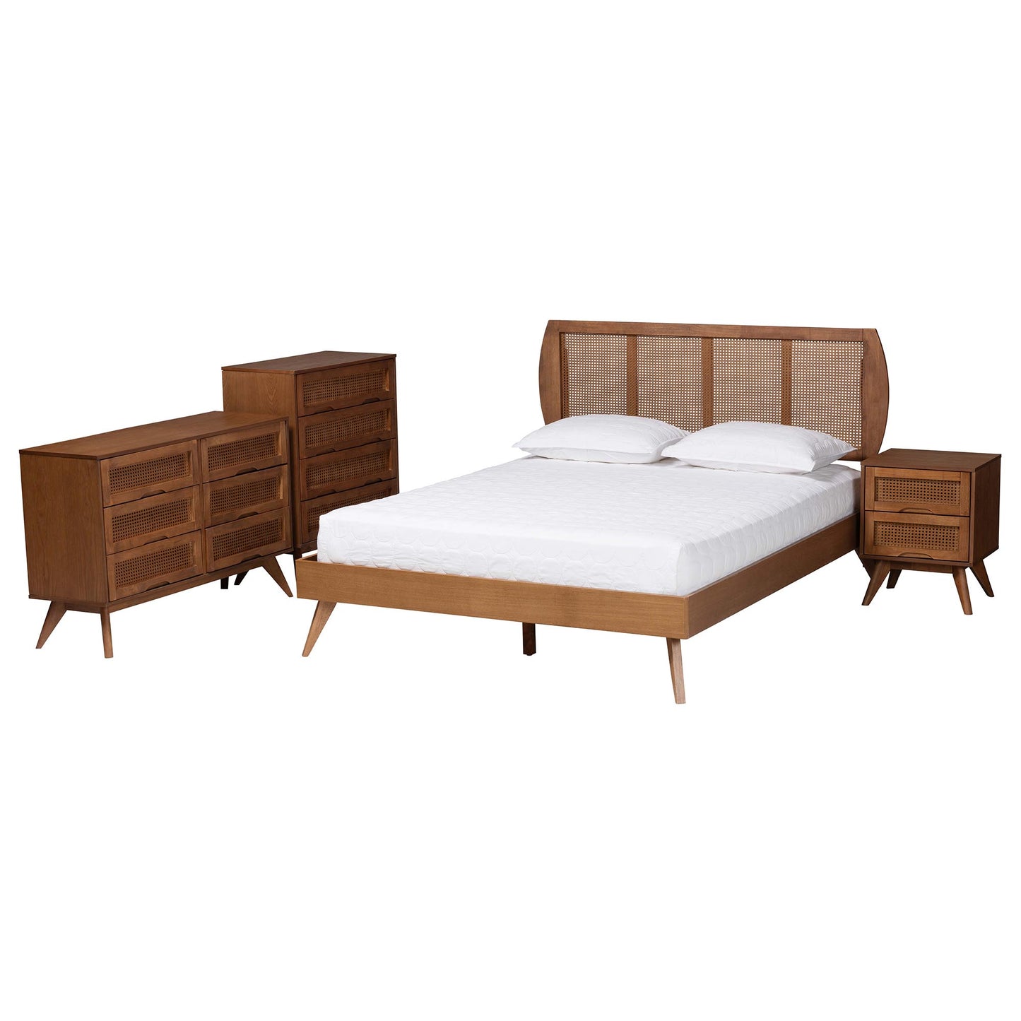 Baxton Studio Asami Mid-Century Modern Walnut Brown Finished Wood and Woven Rattan Queen Size 4-Piece Bedroom Set | Bedroom Sets | Modishstore - 6