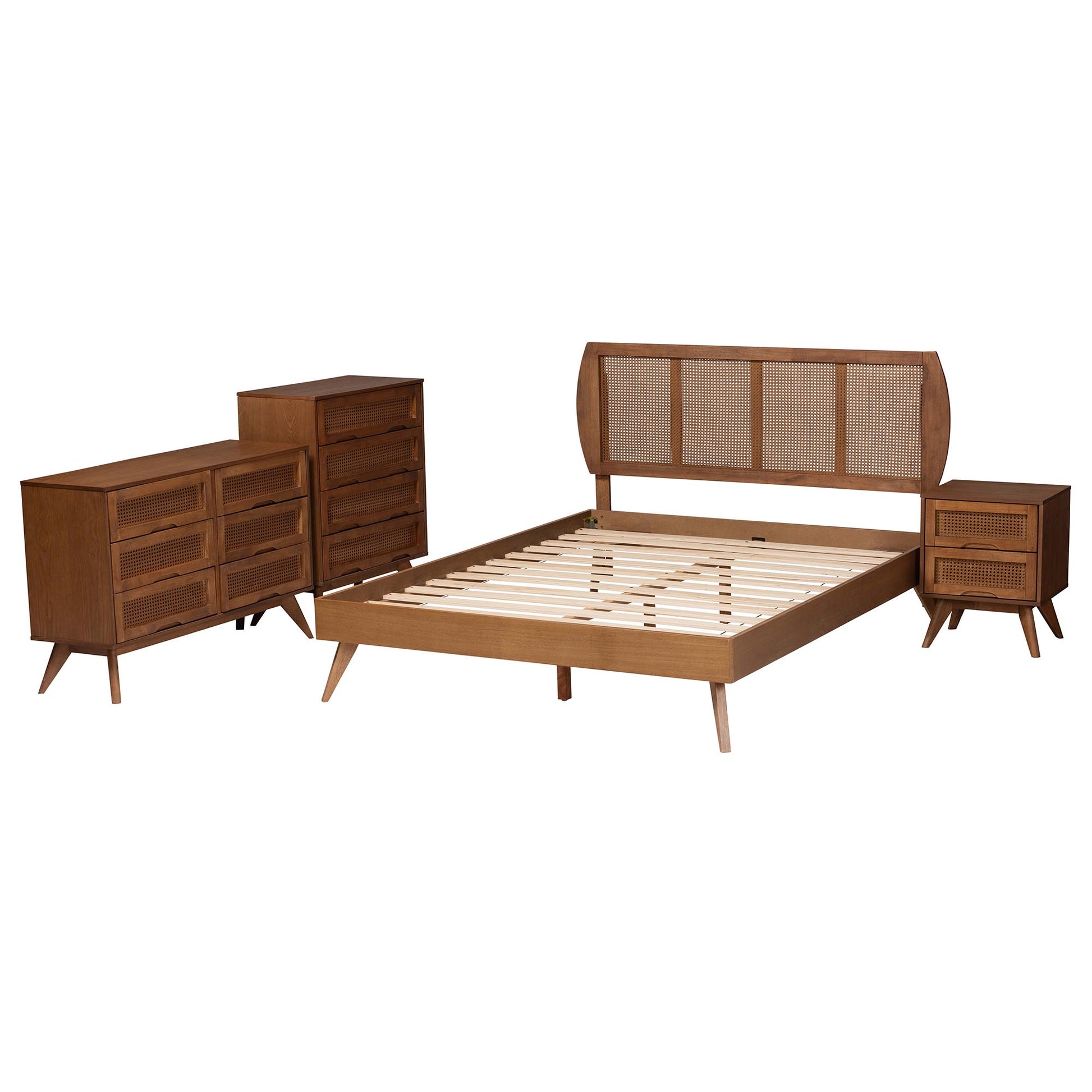 Baxton Studio Asami Mid-Century Modern Walnut Brown Finished Wood and Woven Rattan Full Size 4-Piece Bedroom Set | Bedroom Sets | Modishstore - 7