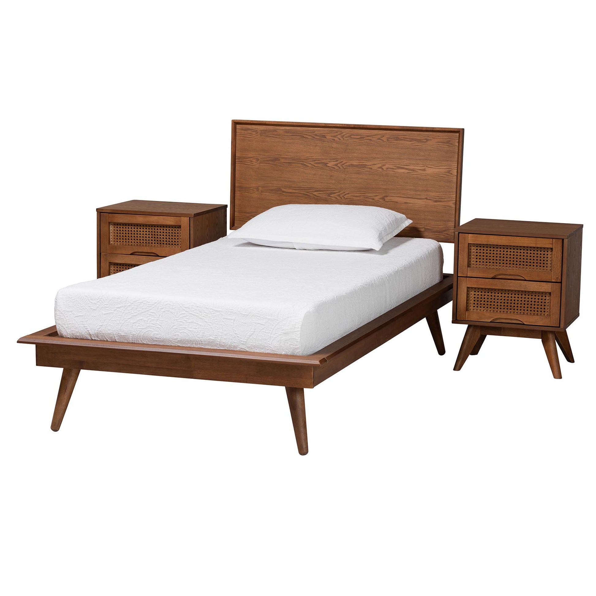 Baxton Studio Melora Mid-Century Modern Walnut Brown Finished Wood and Rattan Twin Size 3-Piece Bedroom Set | Bedroom Sets | Modishstore - 5