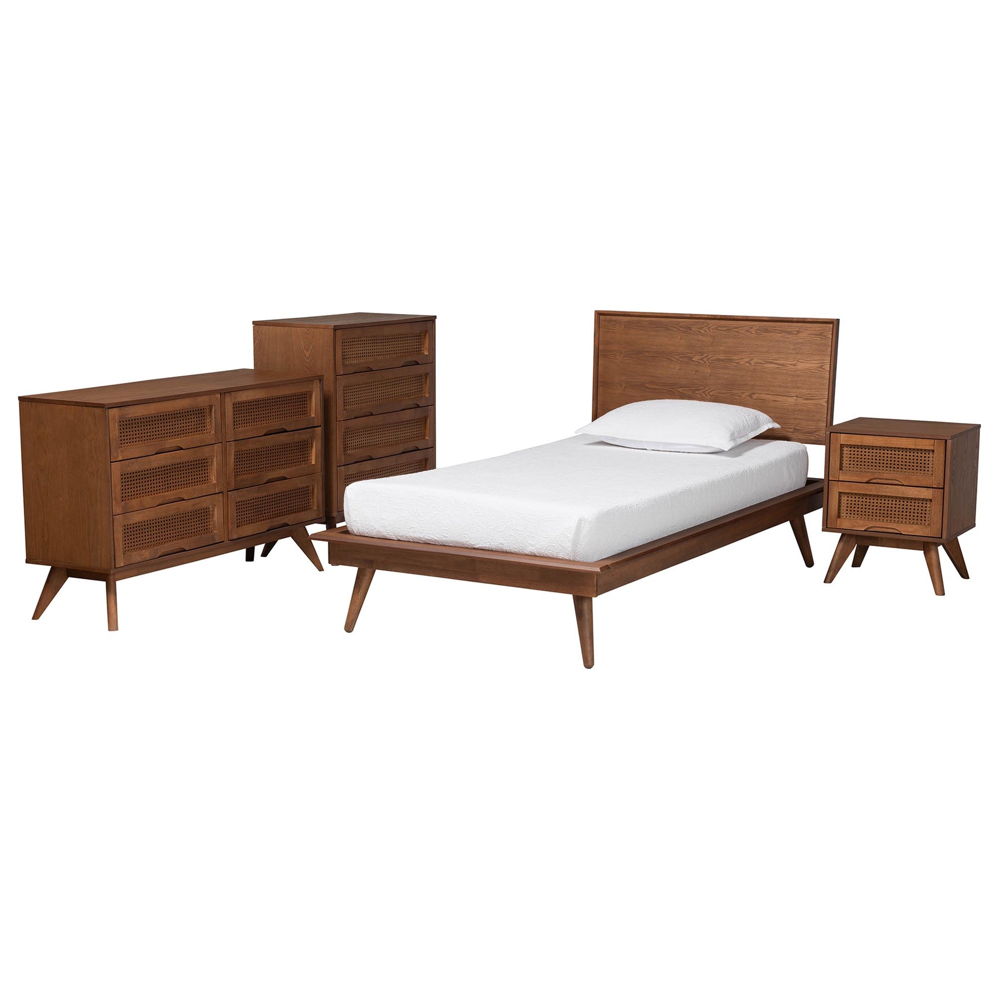 Baxton Studio Melora Mid-Century Modern Walnut Brown Finished Wood and Rattan Twin Size 4-Piece Bedroom Set | Bedroom Sets | Modishstore - 6