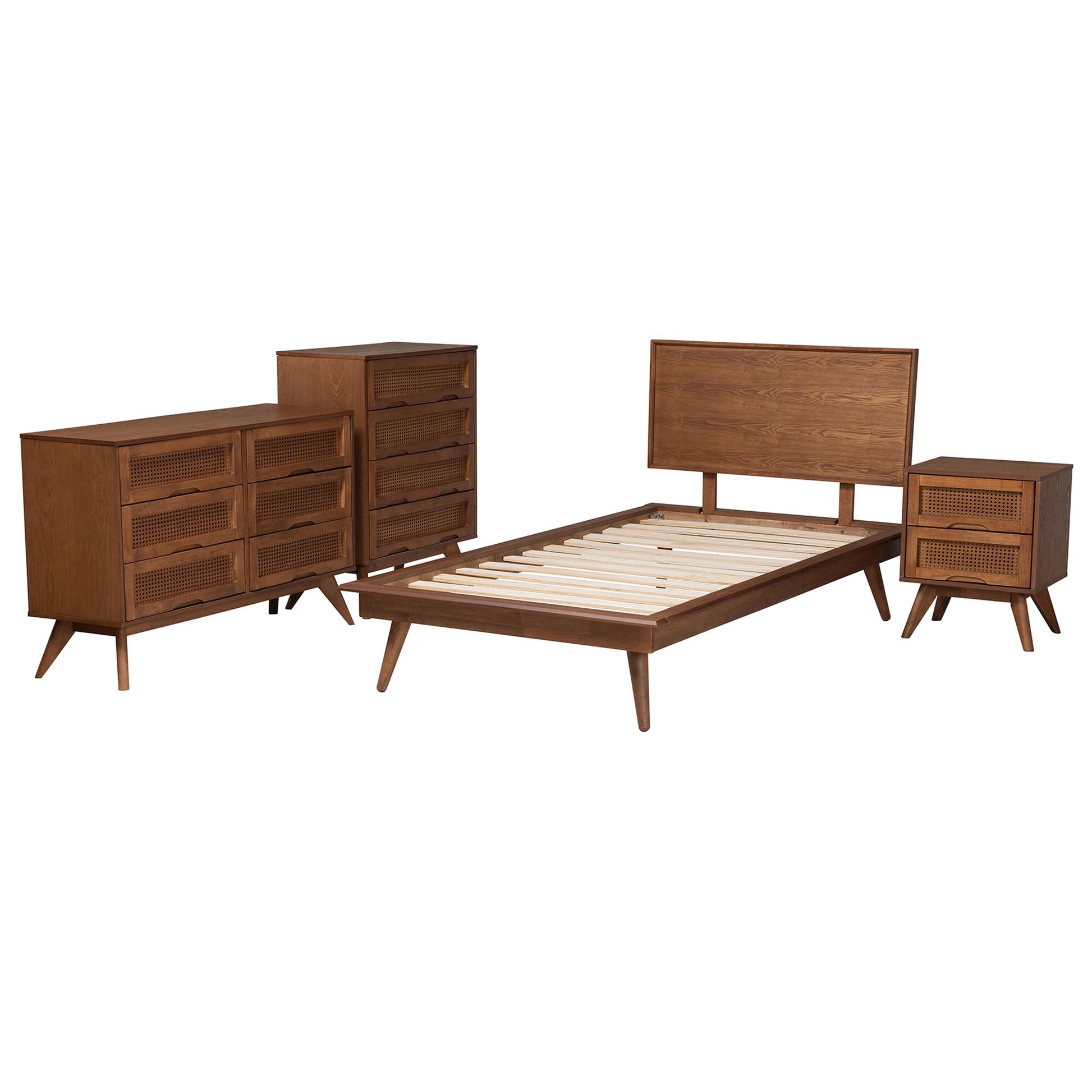 Baxton Studio Melora Mid-Century Modern Walnut Brown Finished Wood and Rattan Twin Size 4-Piece Bedroom Set | Bedroom Sets | Modishstore - 7