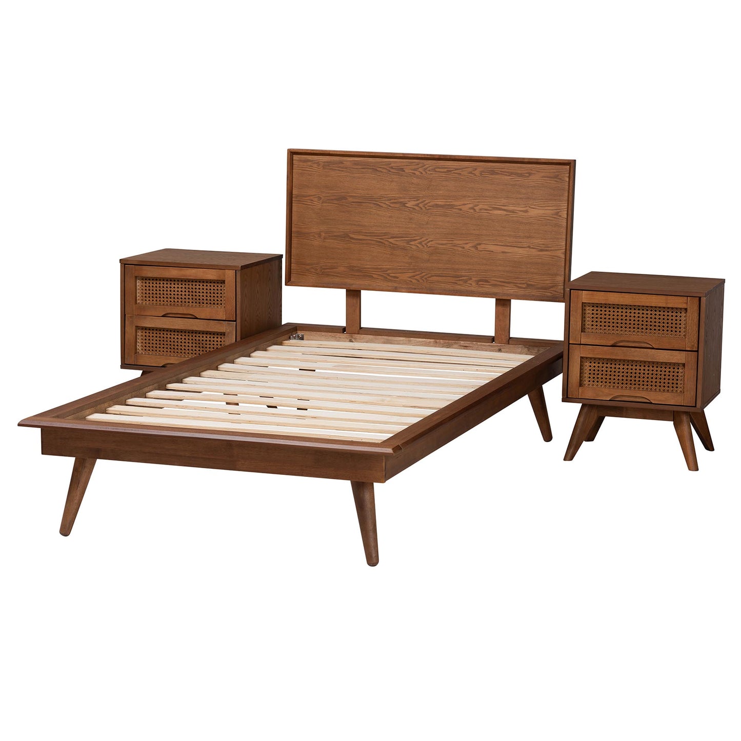 Baxton Studio Melora Mid-Century Modern Walnut Brown Finished Wood and Rattan Twin Size 3-Piece Bedroom Set | Bedroom Sets | Modishstore - 6