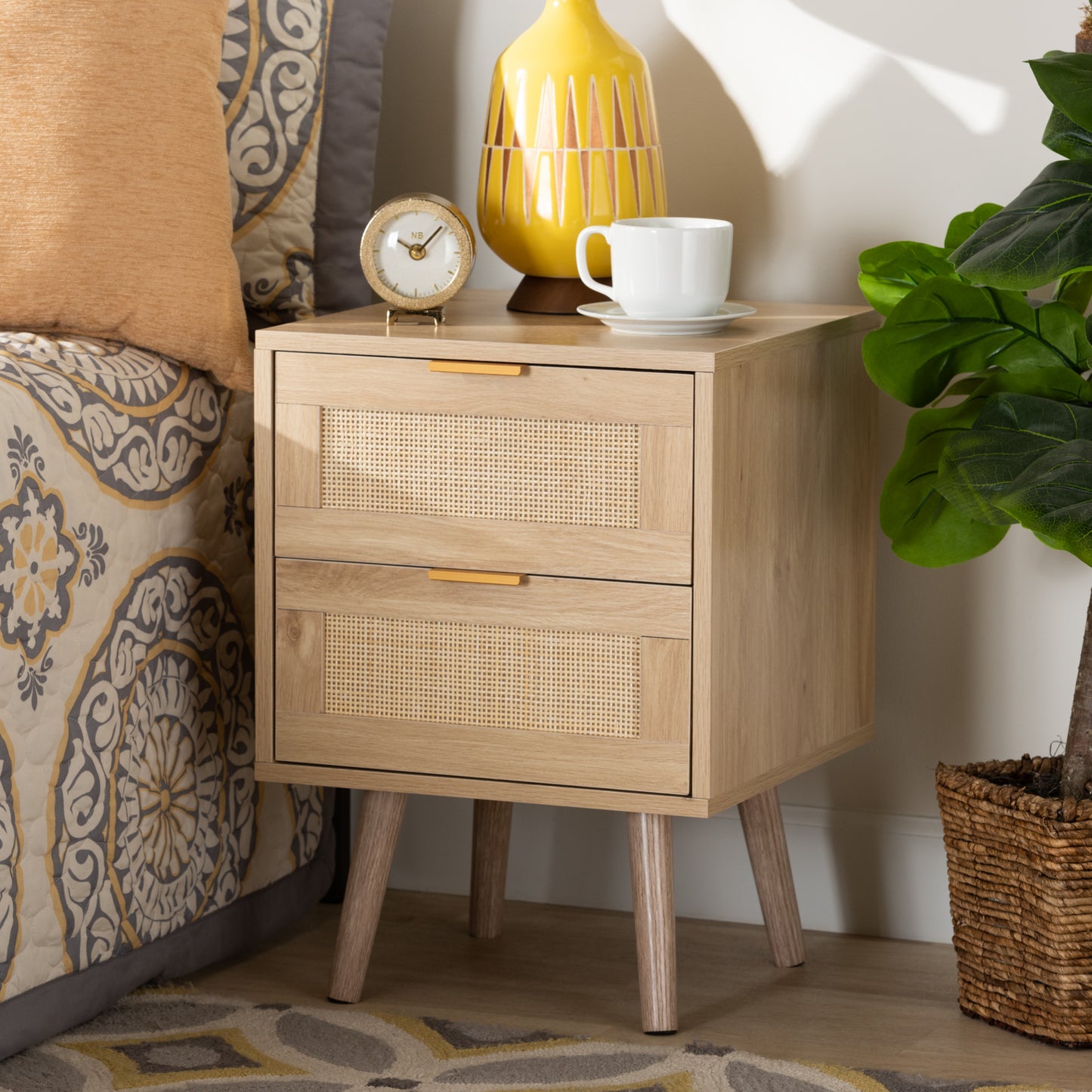 Baxton Studio Baird Mid-Century Modern Light Oak Brown Finished Wood and Rattan 2-Drawer End Table | Cabinets | Modishstore