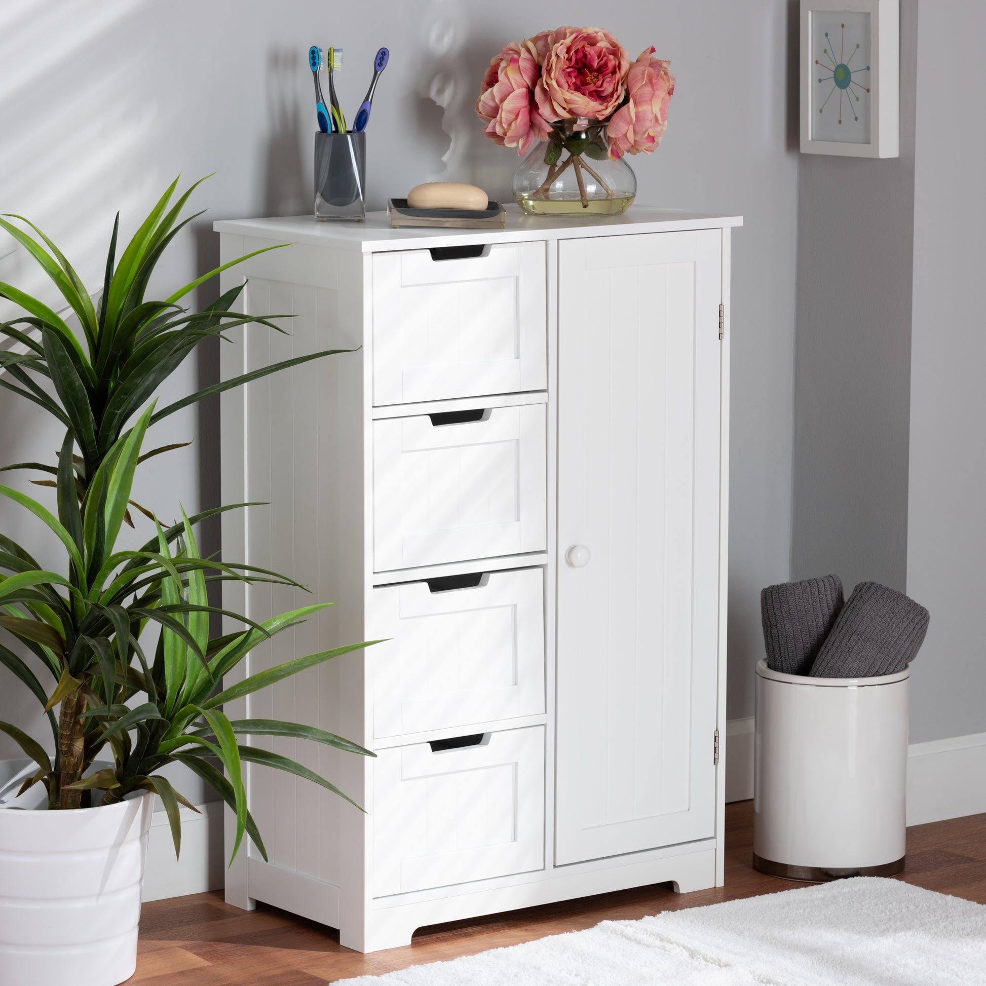 Baxton Studio Bauer Modern and Contemporary White Finished Wood 4-Drawer Bathroom Storage Cabinet | Cabinets | Modishstore