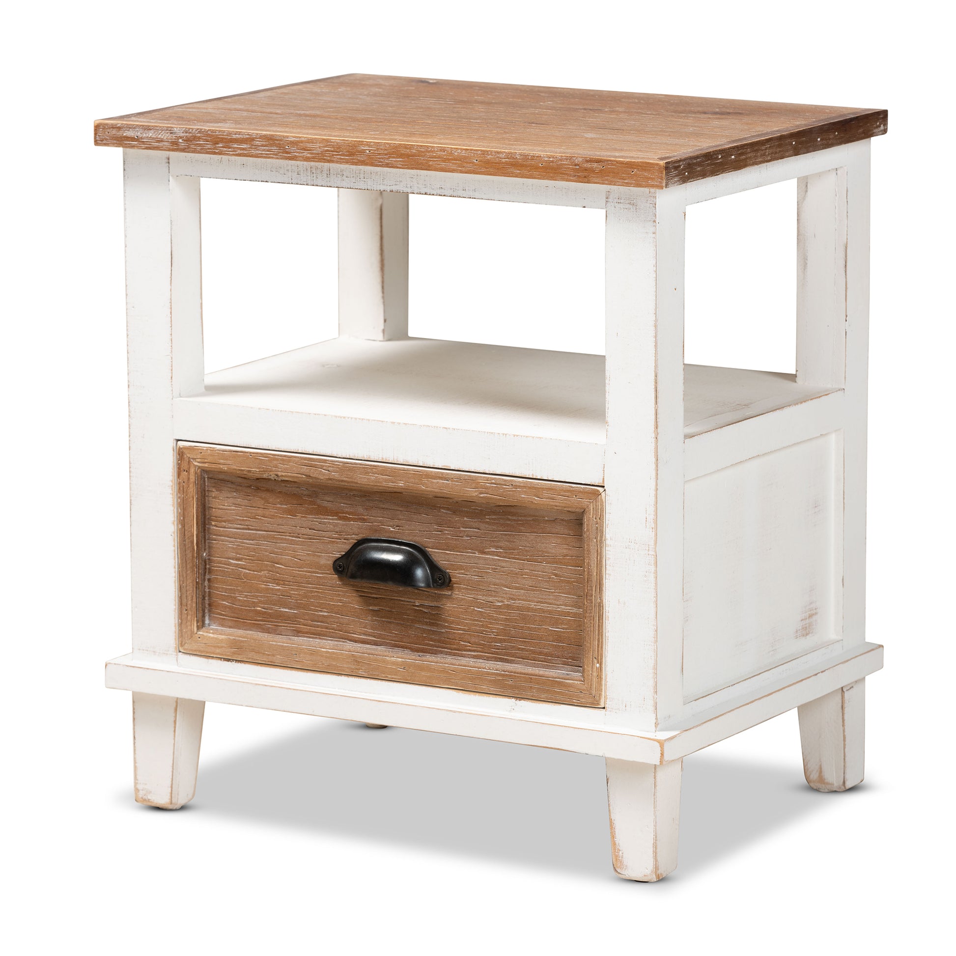 Baxton Studio Glynn Rustic Farmhouse Weathered Two-Tone White and Oak Brown Finished Wood 1-Drawer End Table | Cabinets | Modishstore - 4