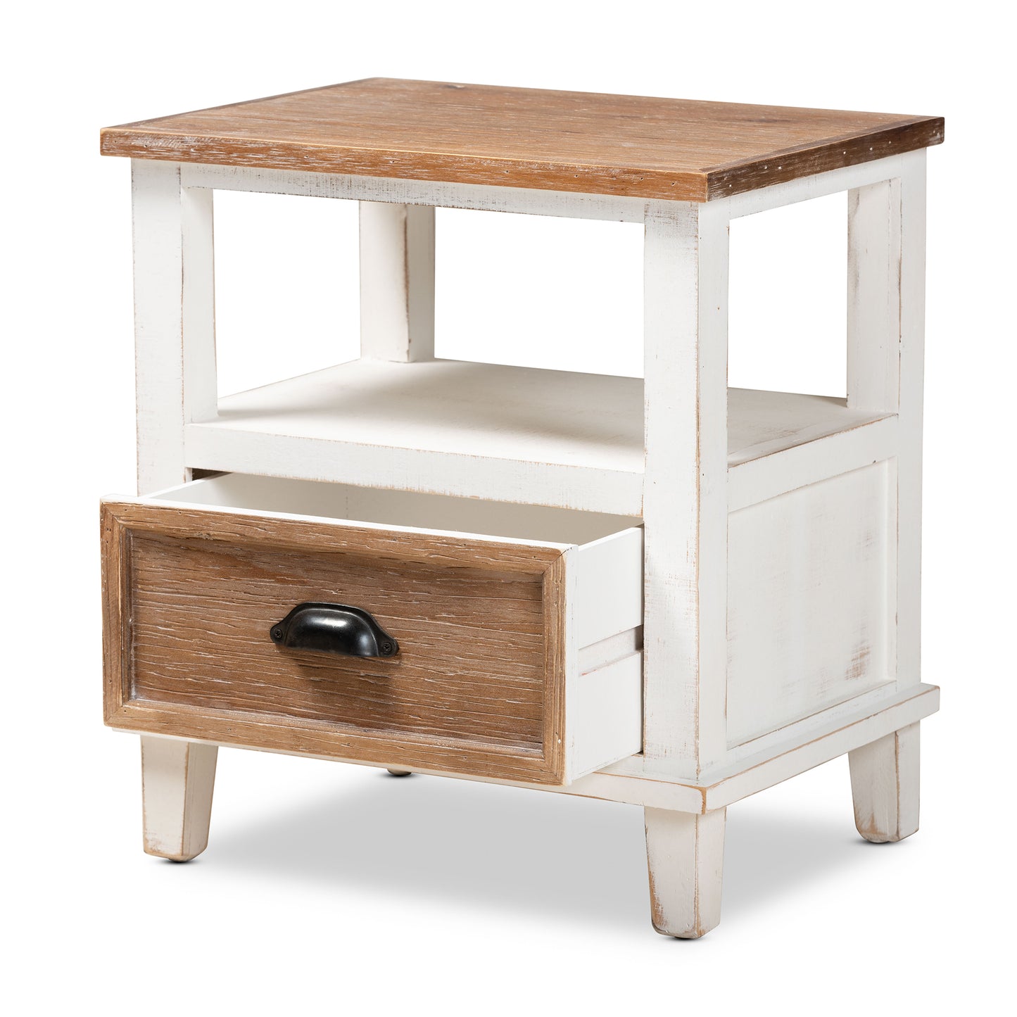 Baxton Studio Glynn Rustic Farmhouse Weathered Two-Tone White and Oak Brown Finished Wood 1-Drawer End Table | Cabinets | Modishstore - 5