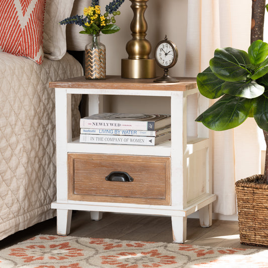 Baxton Studio Glynn Rustic Farmhouse Weathered Two-Tone White and Oak Brown Finished Wood 1-Drawer End Table | Cabinets | Modishstore