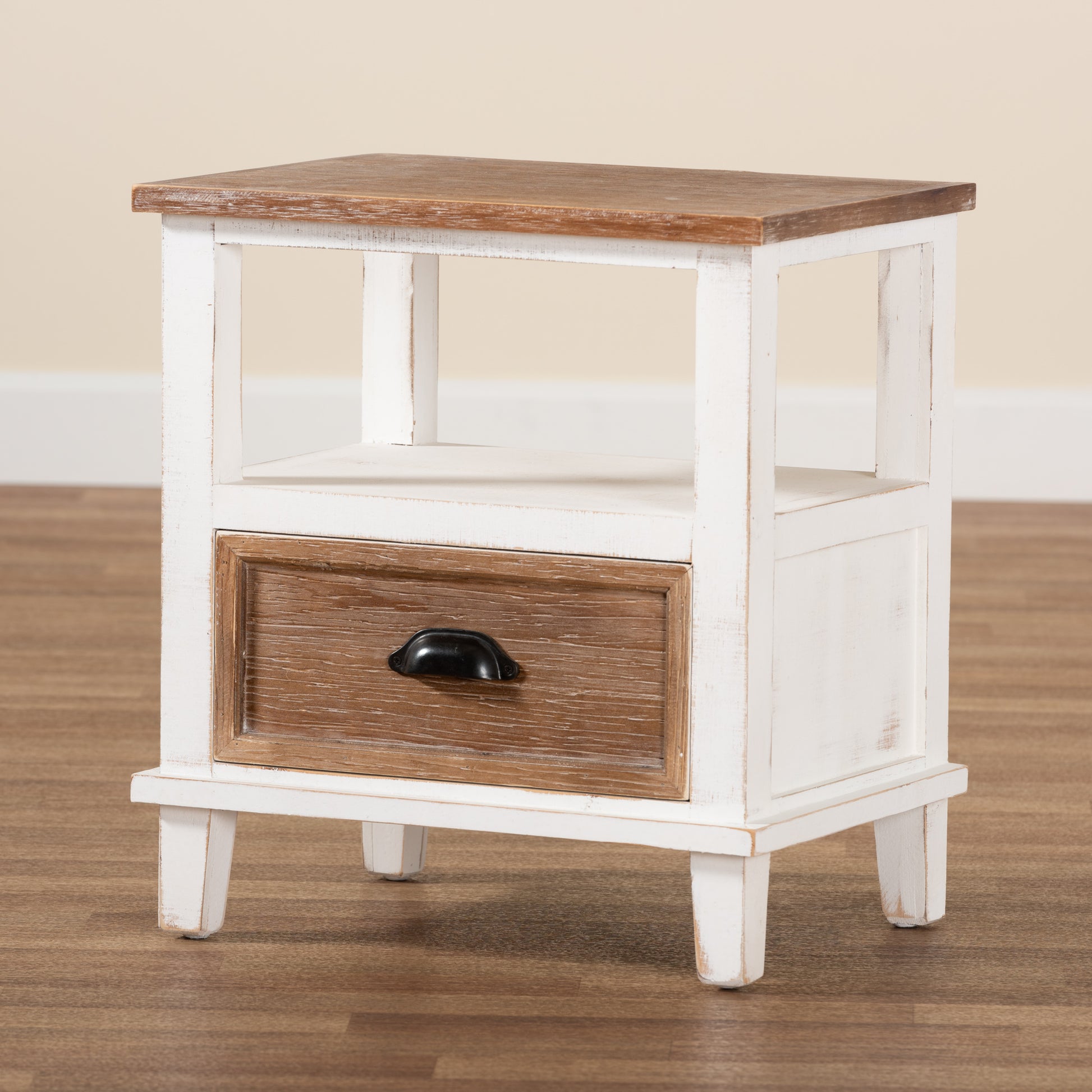 Baxton Studio Glynn Rustic Farmhouse Weathered Two-Tone White and Oak Brown Finished Wood 1-Drawer End Table | Cabinets | Modishstore - 2